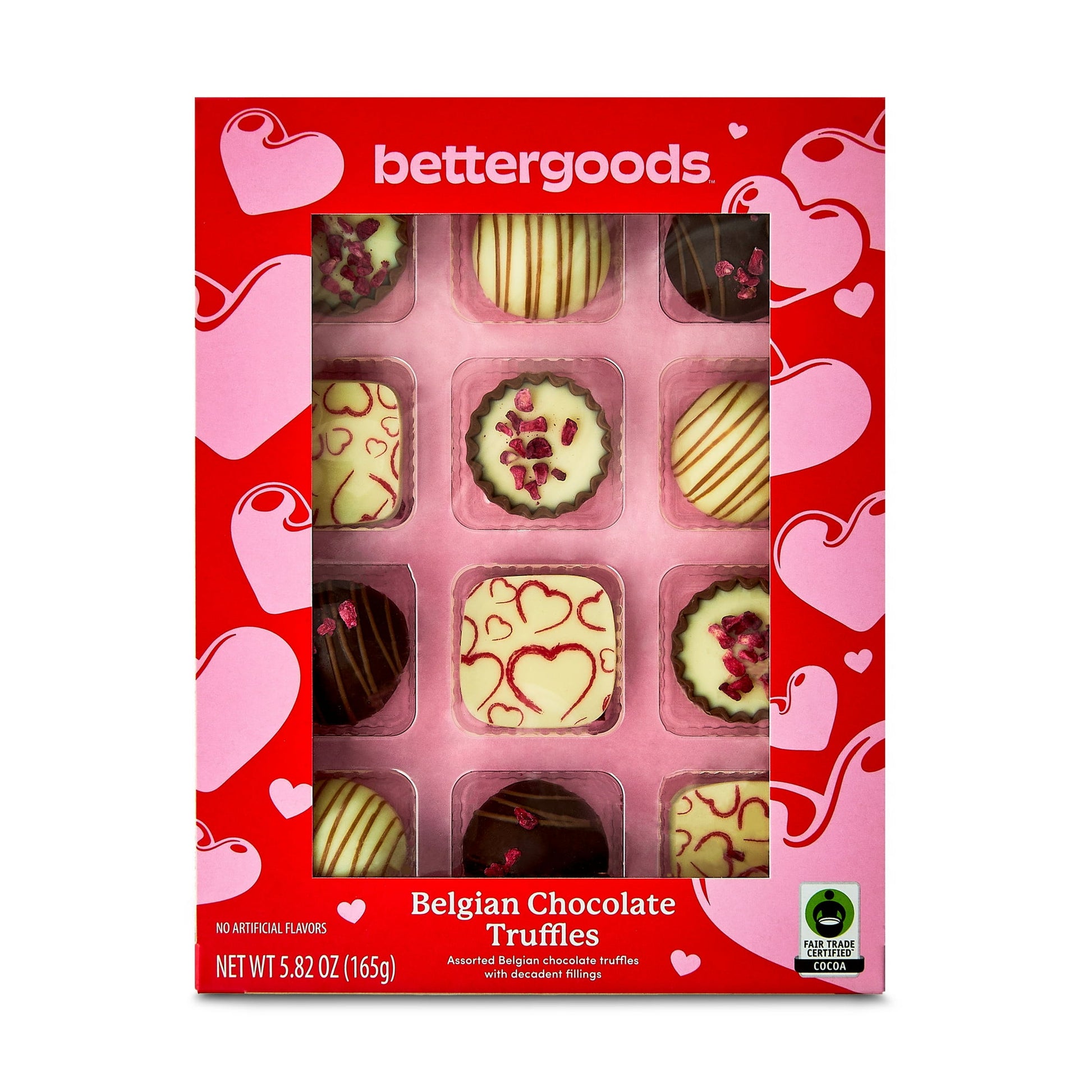 Experience the romantic delight of bettergoods Valentine's Day Belgian Chocolate Truffles, an exquisite assortment crafted in Belgium by a third-generation chocolatier. Using family secret recipes, each truffle promises superior taste and an indulgent experience with every bite. This assortment includes semi-sweet chocolate truffles with yogurt flavor and strawberry flavor, white chocolate truffles with mocha-flavored cream, milk chocolate truffles with hazelnut cream and raspberry, and cookies and milk cho