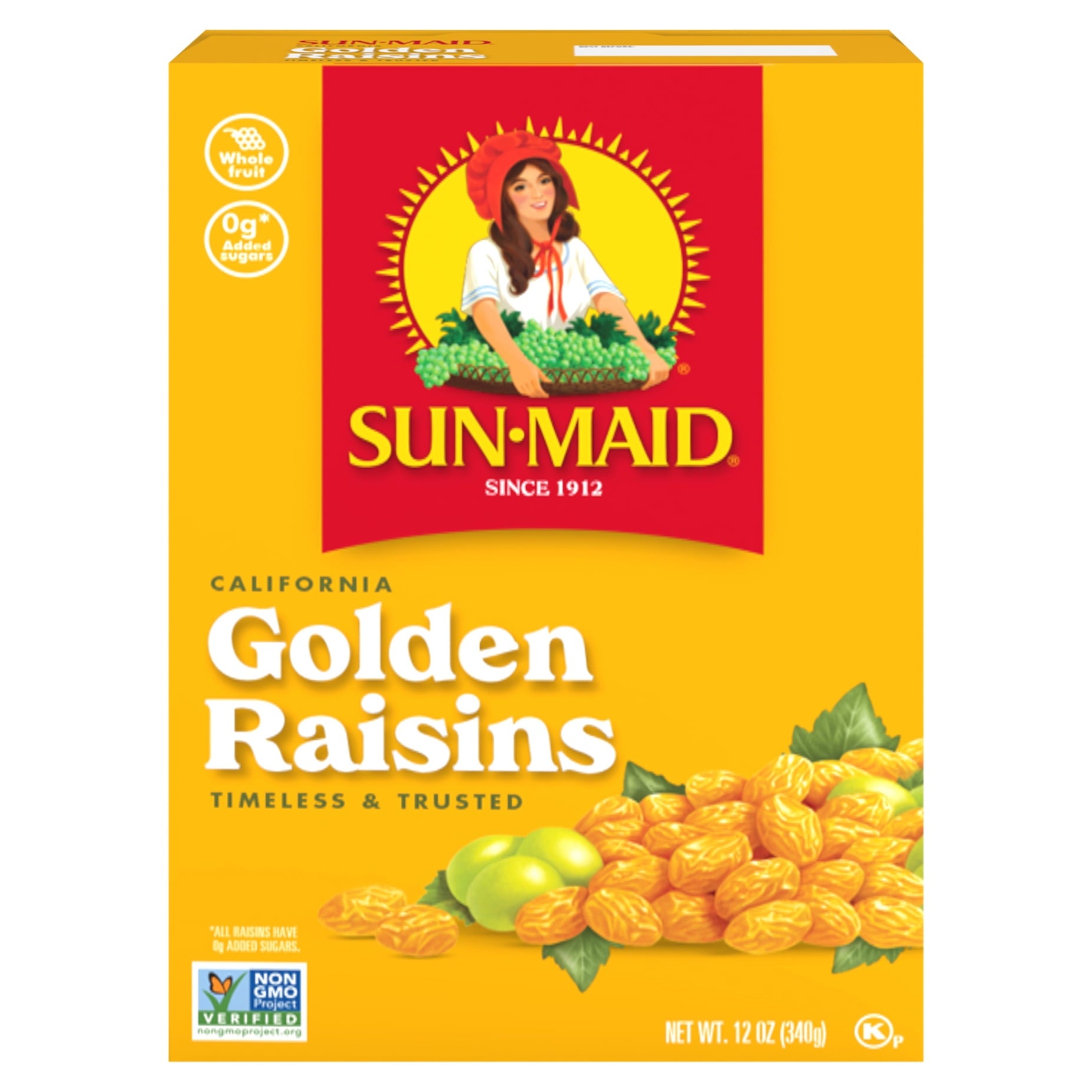 Sun-Maid® California Golden Raisins - Plump, fruity, golden nuggets of goodness — Sun-Maid® Golden Raisins are an all-time favorite for breakfast and dessert recipes alike. Not to mention, their sweetness (sweet without adding sweeteners) makes for a tasty, snack, right out of the box. These grab n’ go snacks are made with whole fruit and are Non-GMO Project Verified. Sun-Maid® is the timeless and trusted go-to snack that's simple, versatile and better-for-you. Make Sun-Maid® California Golden Raisins a par