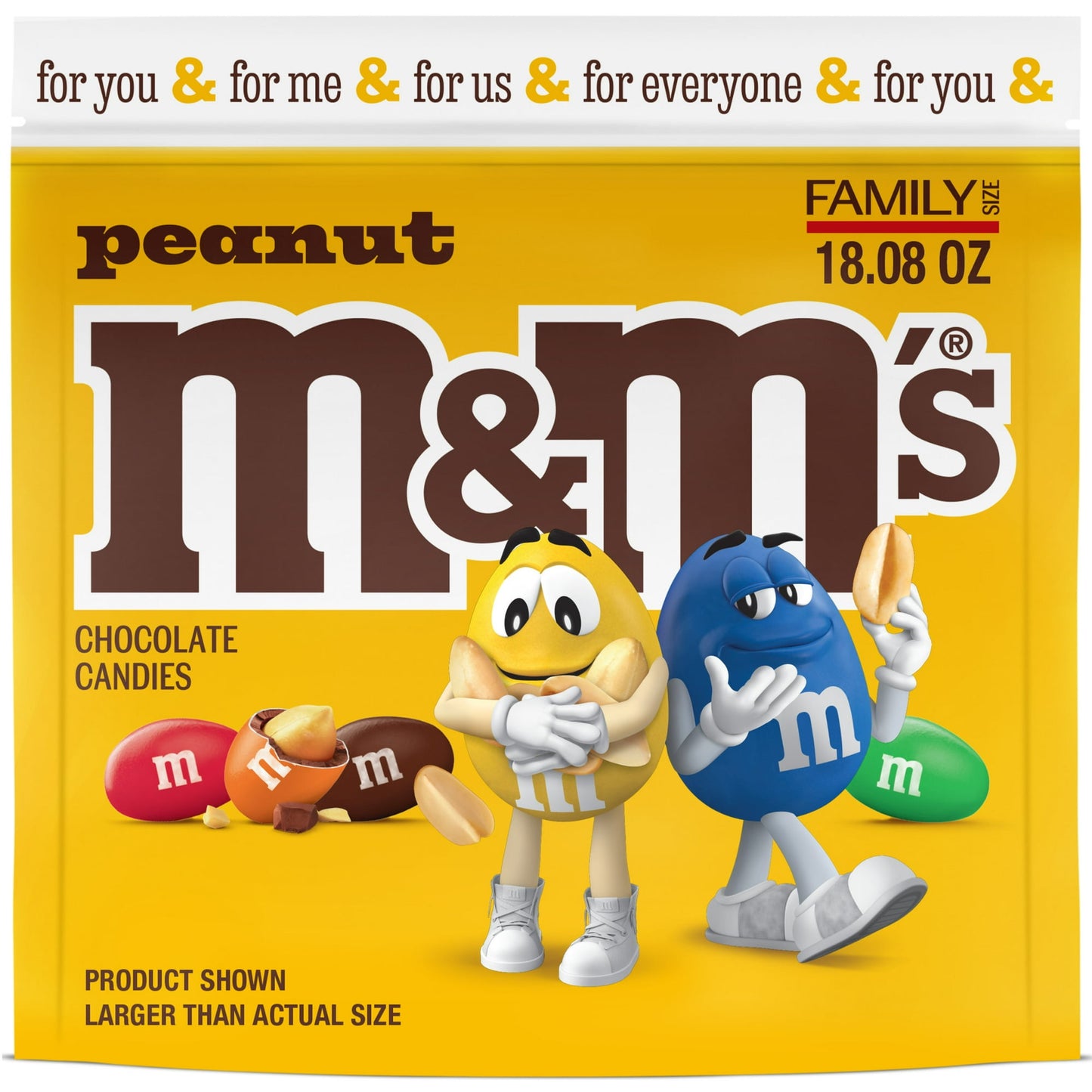 M&M'S Peanut Chocolate Candy is a little nutty, a lot tasty and always full of fun. Enjoy roasted peanuts covered in delicious chocolate and a colorful candy shell. Packaged in a resealable bag to keep the fun contained, this family-size bag of candy is ideal for keeping the pantry stocked for movie night and parties with friends. These colorful chocolate candies make great to-go treats, add-ins for baking and gift baskets. Remember M&M'S Candy for your next event or celebration.