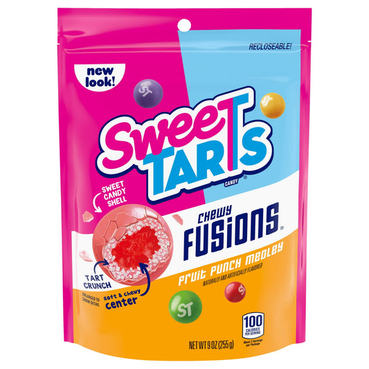 Sweet and tart – SweeTARTS Chewy Fusions Fruit Punch Medley is delightfully sweet and delicately tart in delicious flavors including berry punch, tropical punch, cherry punch, watermelon punch, and strawberry punch. These bite-sized fruit flavored candy have a sweet shell, tart crunch and soft and chewy center. SweeTARTS Chewy Fusions are part of the SweeTARTS family! Try some of our other delicious, tangy candy including Ropes, Mini Chewy, Gummy Fruity Splitz and more. Since 1962, SweeTARTS has grown into 