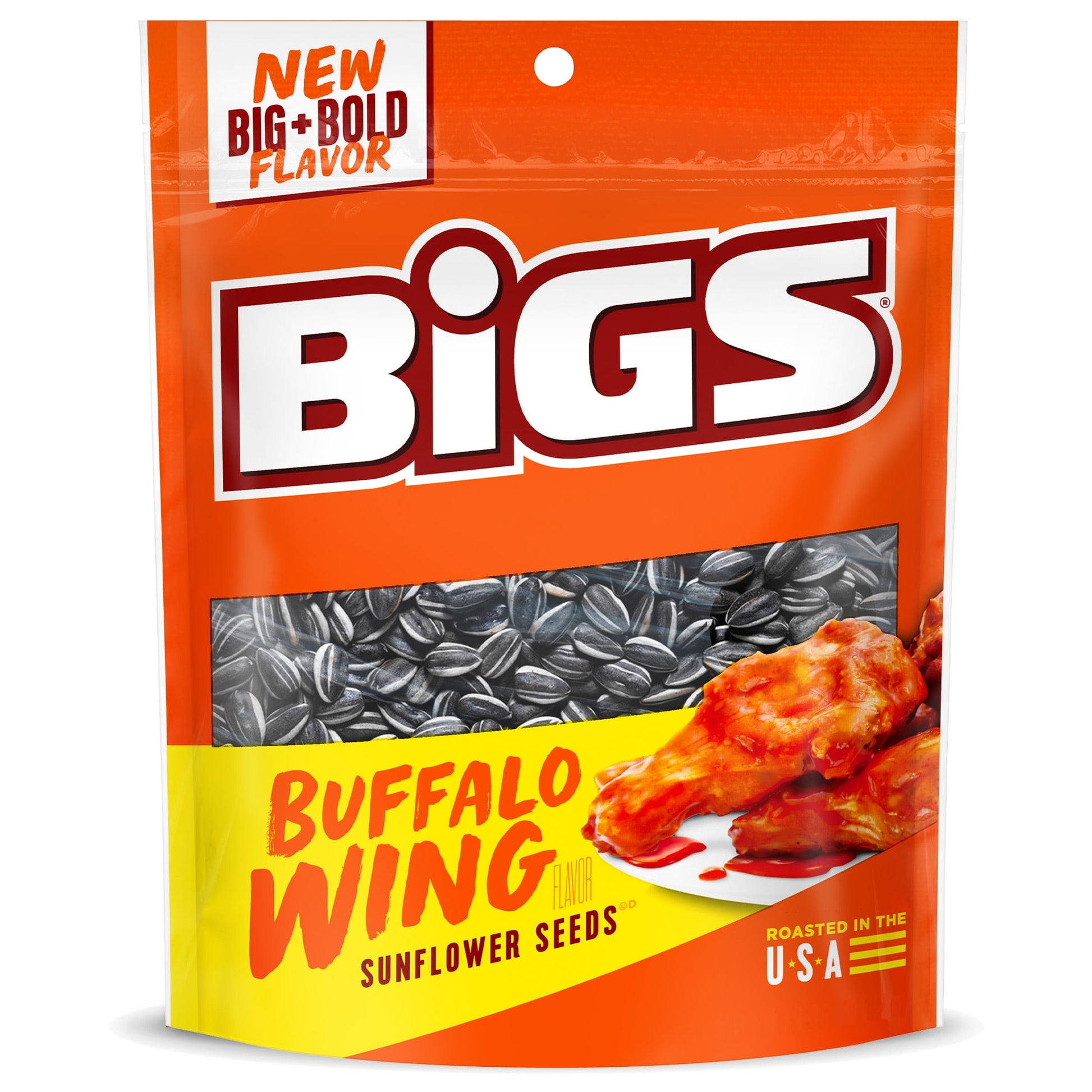 BIGS Buffalo Wing Sunflower Seeds pack a powerful punch of heat. The spicy, flavorful taste of buffalo sauce is always delicious. Enjoy twelve 5.35-ounce resealable bags for easy, convenient snacking any time. Proudly roasted in the USA with no artificial colors or preservatives, these seeds are big on buffalo flavor. Go ahead and try them, and feel that signature buffalo burn. Why go small when you can go BIG?