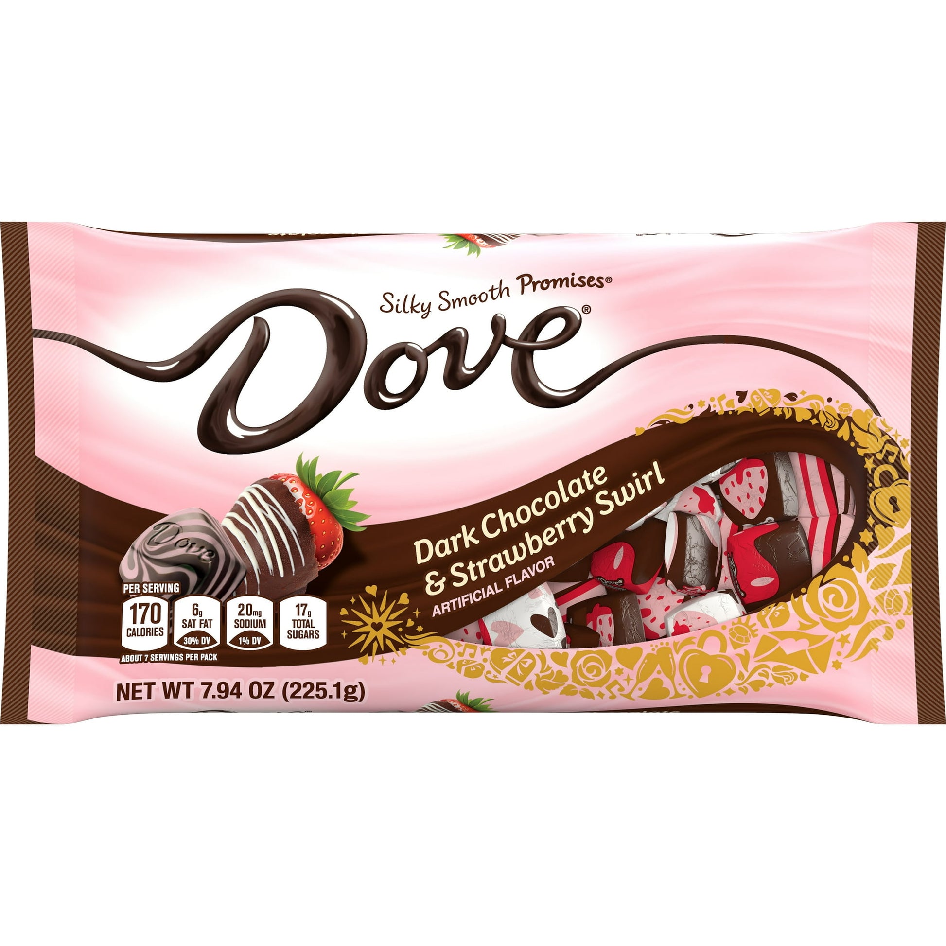 This Valentine's Day, experience the pleasure of DOVE PROMISES Silky Smooth Dark Chocolate & Strawberry Swirl Candy. Our indulgent twist on a V-Day classic! Feel the love of strawberry flavor and premium rich dark chocolate. The love doesn't stop there! Each chocolate is individually wrapped in elegant foil with special messages inscribed on the inside.Build a love-filled gift basket, create Galentine's Day favors for your gal pals, or simply pair them with flowers and a Valentine's Day card.For all your lo