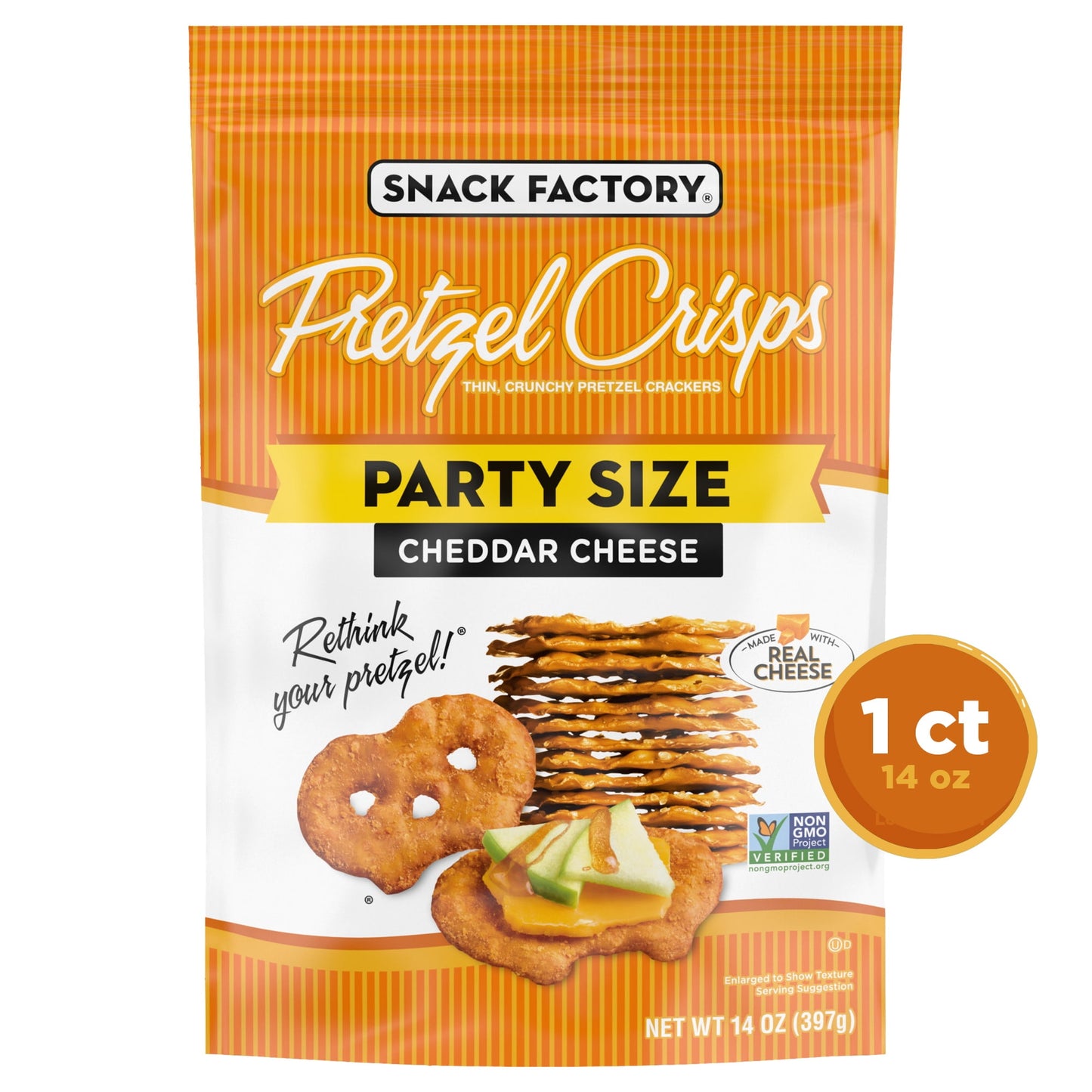 Snack Factory Cheddar Pretzel Crisps are a modern twist on traditional pretzels. Made with quality ingredients and baked up with real cheddar cheese, this tasty snack is a gourmet alternative to an old favorite. Pretzel Crisps give you the best part of pretzels without the doughy center, so they’re always thin and tasty with the crunch you love. Baked just right, these flavorful pretzels pair perfectly with hummus, guacamole, cheese, salami, or any of your favorite dips, which makes them a great addition to