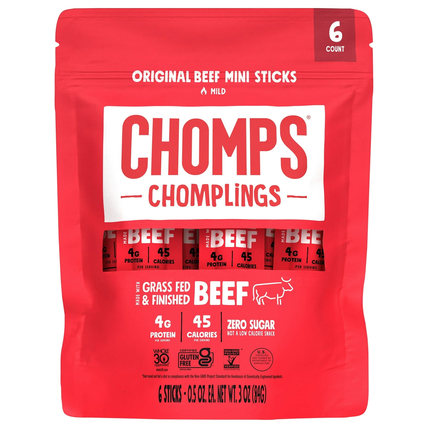 Chomps is a minority, family-owned and operated healthy meat snack brand with products made from the highest-quality proteins with no hidden, harmful ingredients. Chomps are zero sugar and never contain soy, dairy, artificial preservatives or colors, MSG, or artificial nitrates or nitrites. Additionally, Chomps is Whole30 approved, certified gluten-free, and allergy-friendly. Each of Chomps beef sticks are filled with 100% non-GMO verified, grass-fed and grass-finished beef, 4g of protein, and only 45 calor