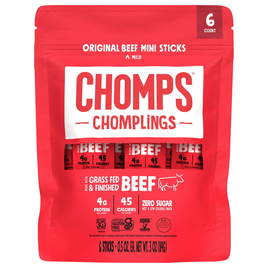 Chomps is a minority, family-owned and operated healthy meat snack brand with products made from the highest-quality proteins with no hidden, harmful ingredients. Chomps are zero sugar and never contain soy, dairy, artificial preservatives or colors, MSG, or artificial nitrates or nitrites. Additionally, Chomps is Whole30 approved, certified gluten-free, and allergy-friendly. Each of Chomps beef sticks are filled with 100% non-GMO verified, grass-fed and grass-finished beef, 4g of protein, and only 45 calor