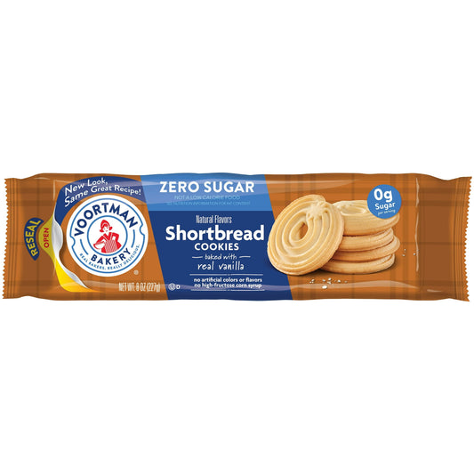 Discover Voortman Bakery Zero Sugar Shortbread Cookies, 8 oz., 12 count, where classic shortbread meets guilt-free indulgence. Enjoy these crisp and tasty treats without added sugar, high-fructose corn syrup, or artificial flavors. Perfectly paired with milk or coffee, these cookies are ideal for anytime snacking and dunking, whether it's sunrise, mid-afternoon, or a late-night treat. Packaged in a convenient resealable bag, they add a delightful twist to your family's favorite dessert recipes and are sure 