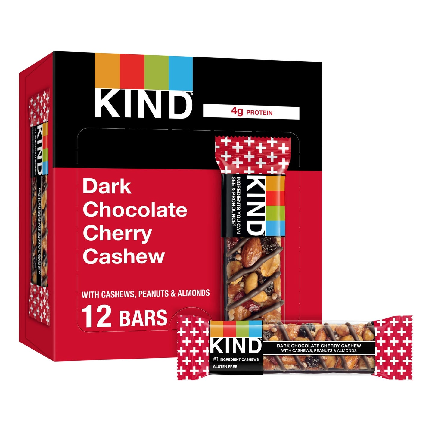 KIND Dark Chocolate Cherry Cashew bars are satisfying gluten free bars packed with nuts and the taste of dark chocolate that you can take anywhere. These ready-to-eat KIND nut bars lead with cashews as the #1 ingredient. This healthy snack bar combines quality ingredients like cashews, dark chocolate and cherries to deliver a delicious taste with a little crunch. KIND bars Dark Chocolate Cherry Cashew contain 4 grams of protein and are high in fiber. This KIND nut bar is also gluten free, has a low glycemic