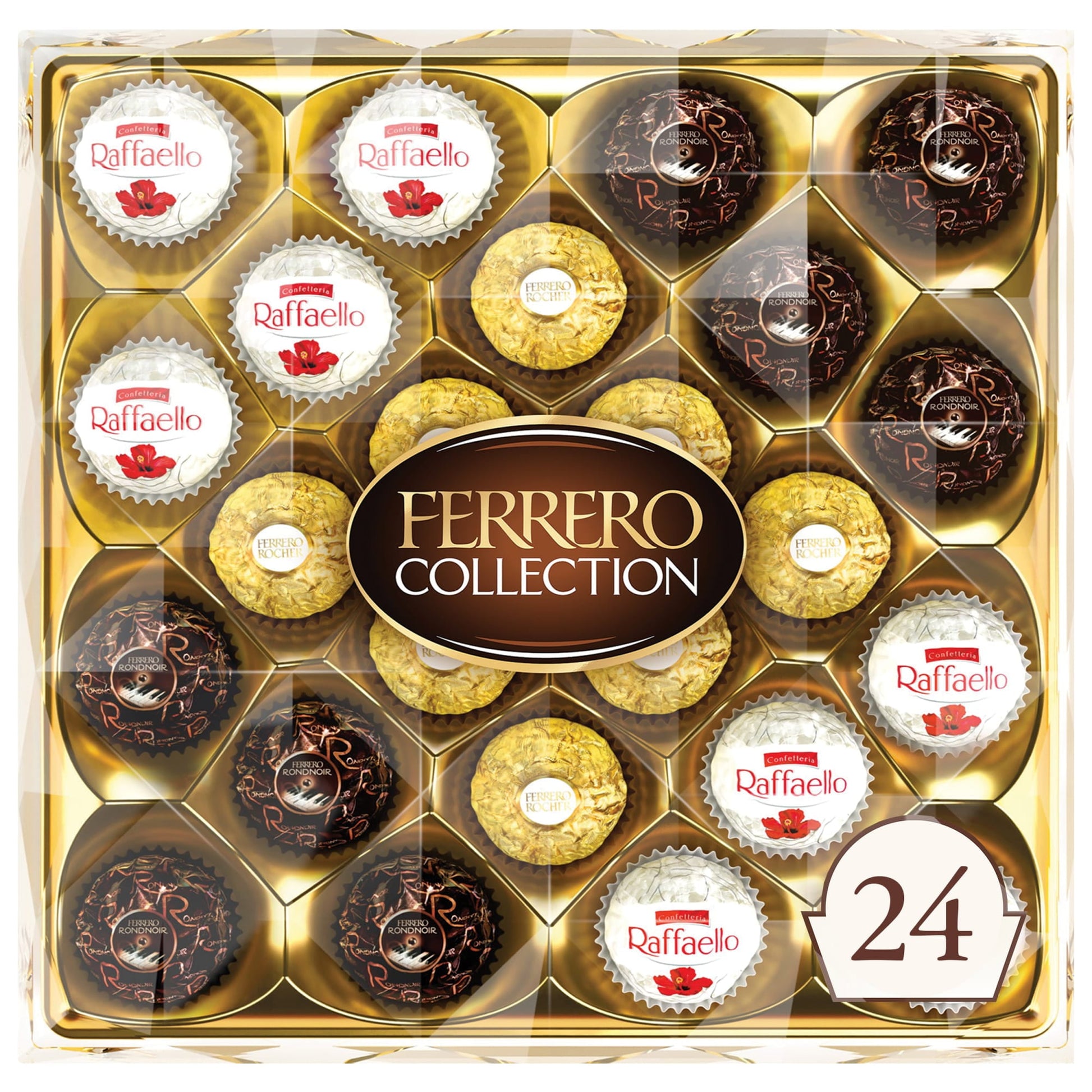 If you love Ferrero Rocher, you will love this 24-count Ferrero Collection chocolate gift box. An exquisite collection of delicious confections crafted from milk and dark chocolate as well as coconut almond truffles, the Ferrero Collection gift box features original, iconic Ferrero Rocher, lusciously layered Raffaello and delicious dark chocolate Rondnoir truffles. Each and every piece is made from the highest-quality ingredients and presented in an elegant diamond-cut gourmet chocolate gift box. There is s