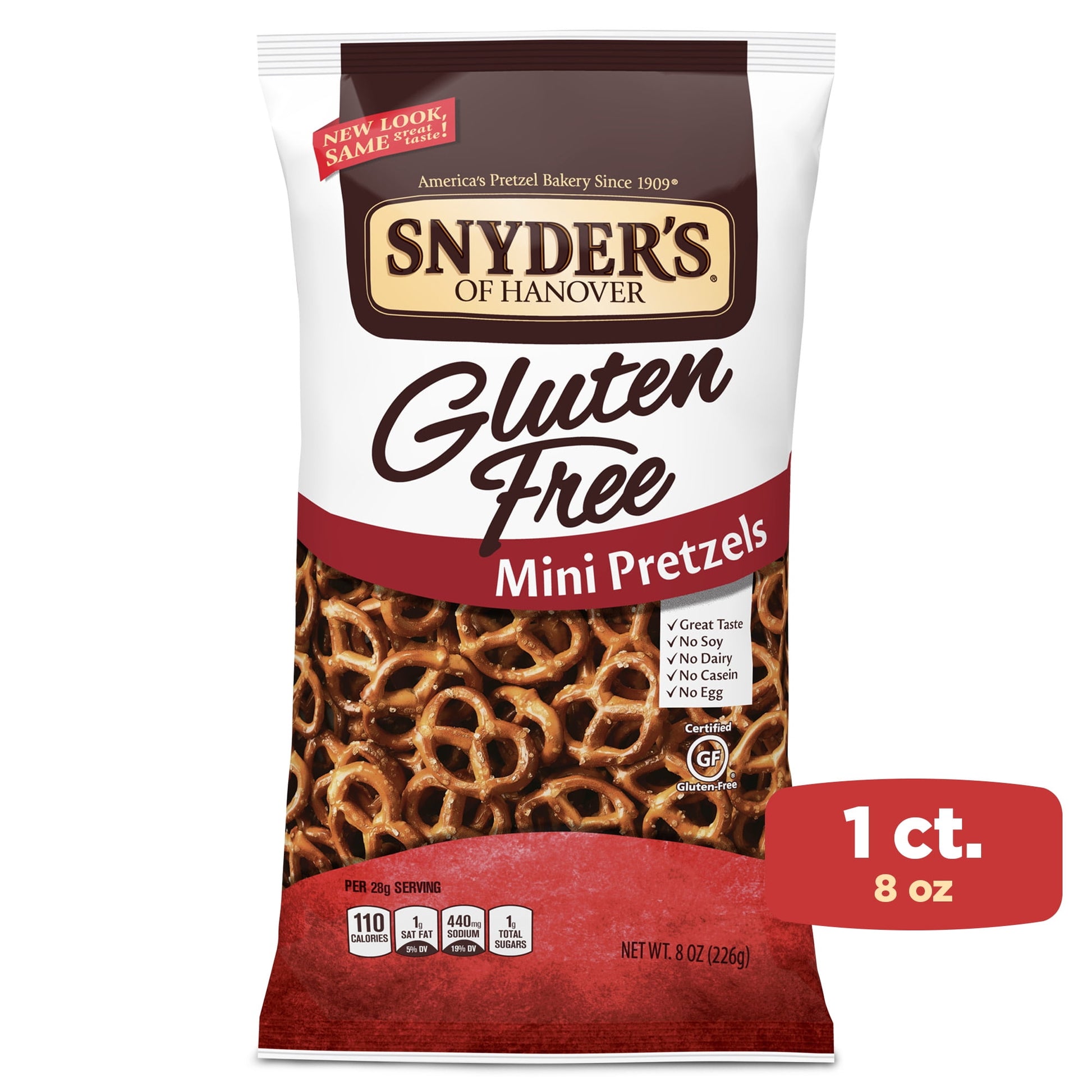 Snyder’s of Hanover Gluten Free Mini Pretzels let you snack confidently. Our low-fat, gluten-free pretzels offer a satisfying alternative to wheat-based products, with all our famous crunch and delicious flavor in a bite-size snack. Snyder’s is proud to offer gluten-free snacks to the millions of people living with celiac disease or following a gluten-free lifestyle. You can count on all the great snacking you’d expect from America’s pretzel bakery. Snyder’s has been at it since 1909 - that’s how we perfect