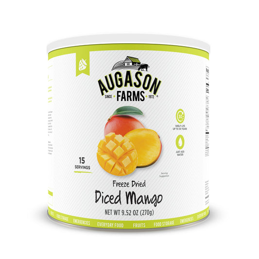 The Augason Farms Freeze Dried Diced Mango is a great alternative to the hassle of peeling, coring, and cutting this delightful since it's ready to eat right out of the can. The light, crisp freeze dried texture gives a satisfying crunch and makes for a great addition to trail mixes or eaten as-is as a healthy snack. Use our gluten free mango in any recipe that calls for fresh mangos, including desserts and cakes, jams, yogurt, and more. Freeze Dried Diced Mango includes 15 servings, 1,050 calories (70 per 