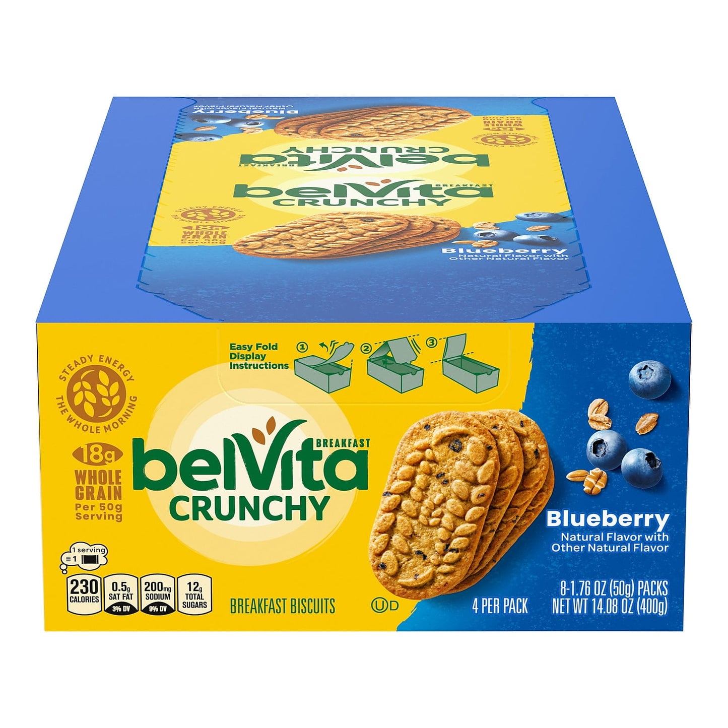 belVita Blueberry Breakfast Biscuits are lightly sweet, crunchy biscuits made with high-quality wholesome ingredients, like rolled oats and real blueberries.