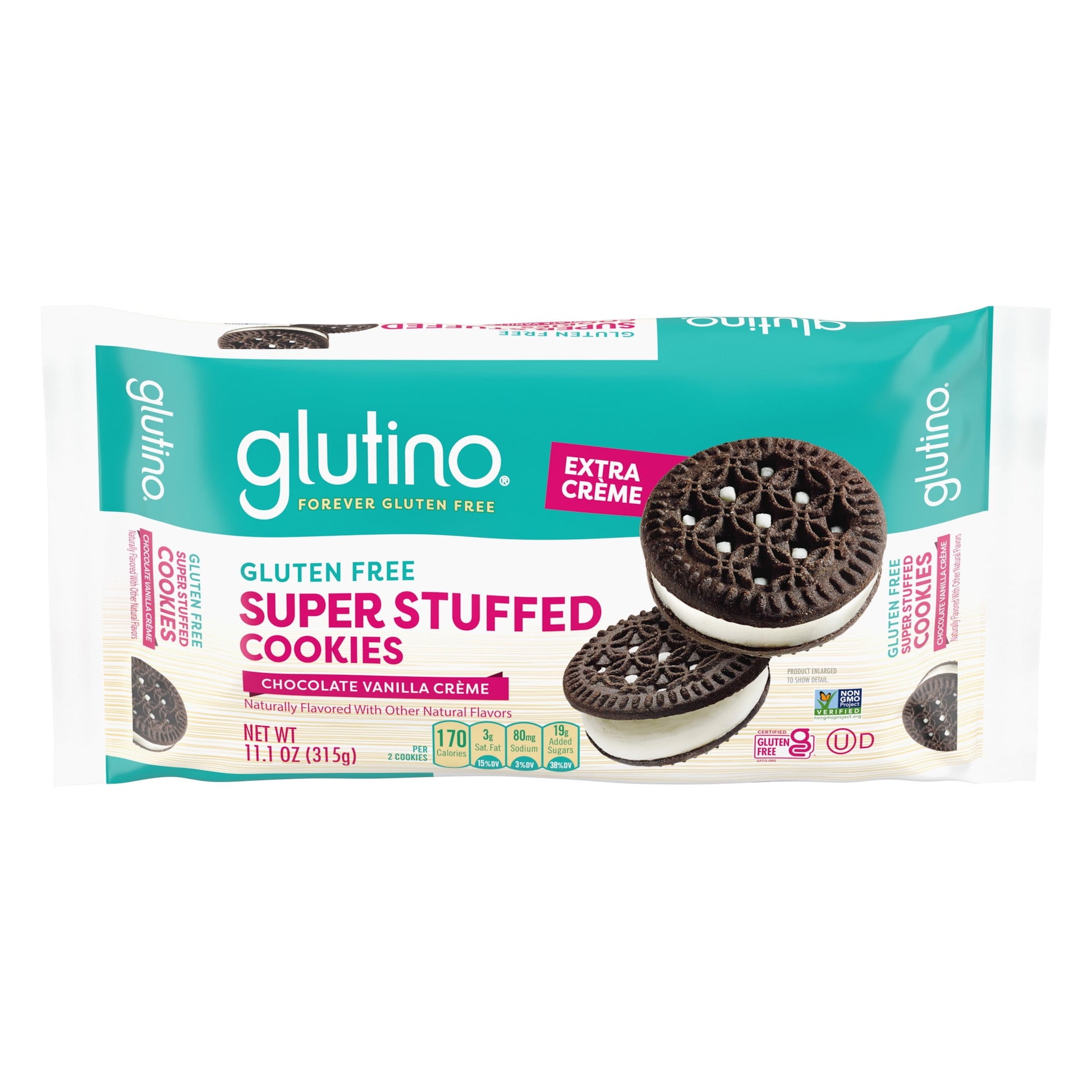 When you're craving a classic chocolate cookie loaded with crème filling but want to stick to a gluten free snack, Glutino Gluten Free Super Stuffed Chocolate Vanilla Crème Flavored Sandwich Cookies are the perfect choice. These delicious chocolate cookies are stuffed with extra vanilla flavored cream filling in the middle, and make the perfect companion to a glass of milk or bowl of gluten free ice cream. Finally, a chocolate dessert that's so yummy, you'll forget it is gluten free. Glutino cookies are ava