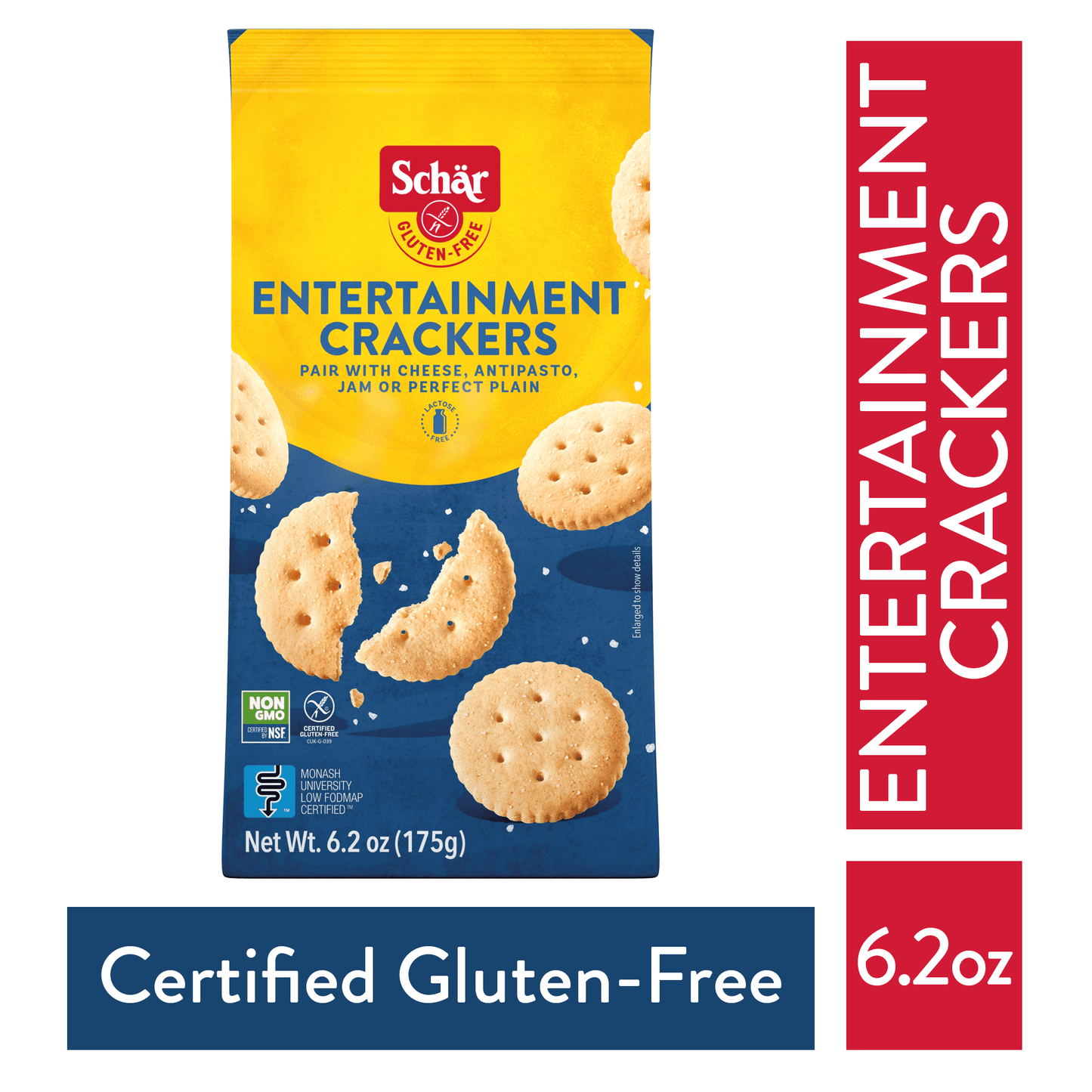 Schar Gluten-Free Entertainment Crackers are the perfect cheese or spread cracker! It's hard to believe Schar Entertainment Crackers are Certified Gluten-Free. These gluten-free crackers are the perfect base for all sorts of sweet and savory spreads and cheeses or the perfect snack on their own. Seasoned with natural rosemary and sea salt, Schar Gluten-Free Entertainment Crackers are a snacker's dream come true. Our recipe is Monash certified and free of gluten, wheat, lactose, preservatives, and GMOs.