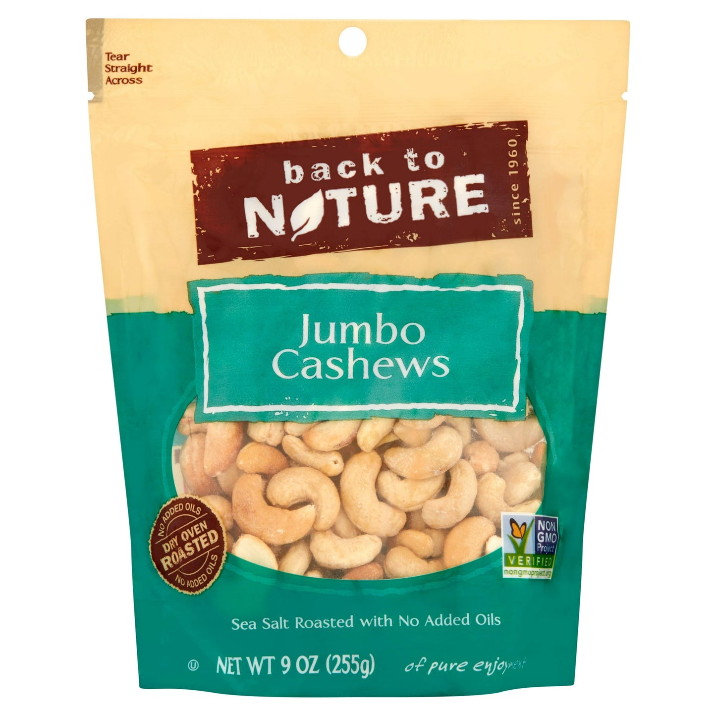 Jumbo Cashews Here's the great stuff about Jumbo Cashews For the cashew lover, our Jumbo Cashews will make you smile. Lightly roasted in sea salt for a touch of flavor, enjoy them any way you like. Nature got it right.