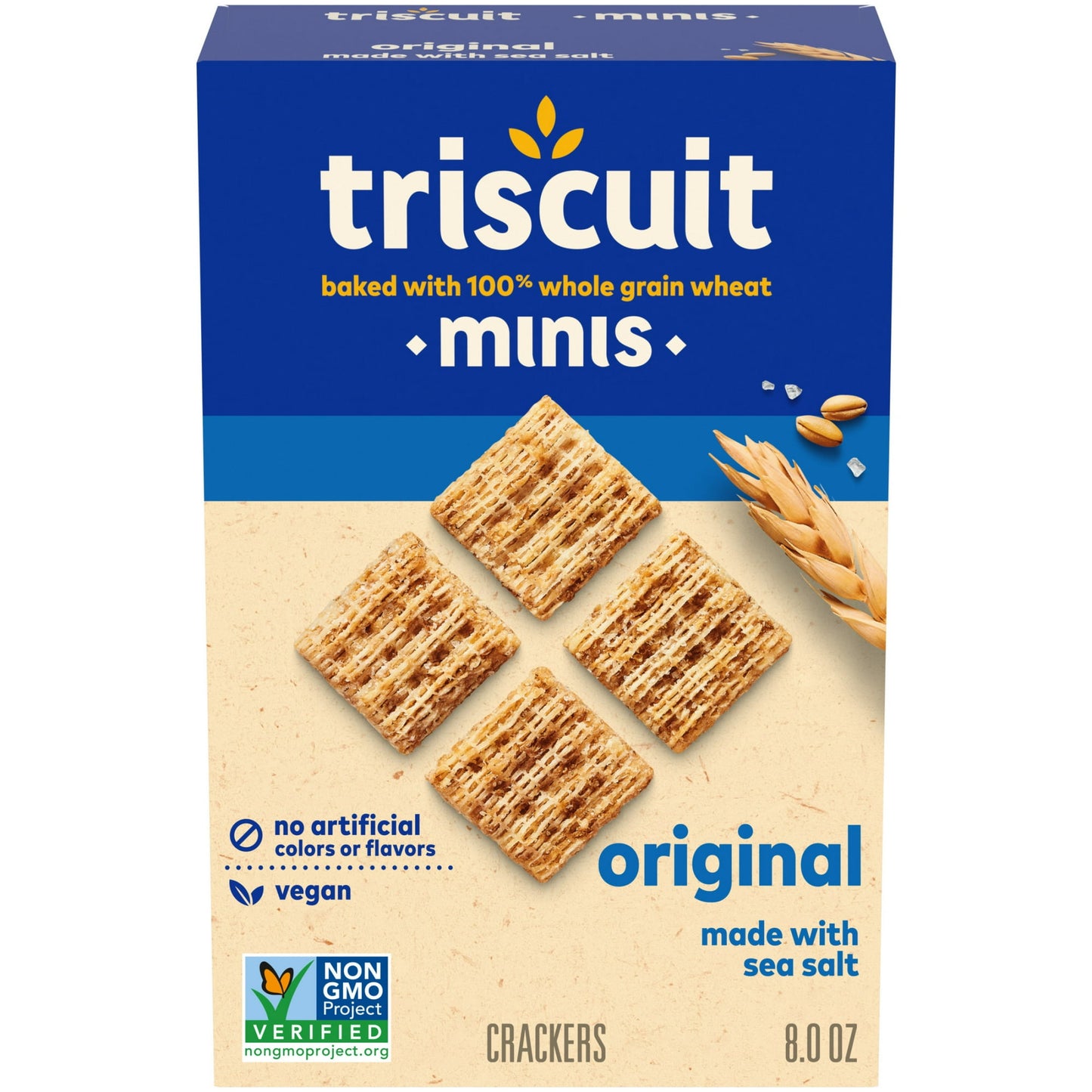 Triscuit Mini Original Whole Grain Wheat Crackers are made simply with quality ingredients. Baked to perfection, these vegan snack crackers use 100% whole grain wheat proudly grown in the USA, oil, and sea salt for a classic flavor. The bite-sized square snack crackers are made with their signature woven texture for a satisfying crunch. Mini Triscuit crackers are vegan, Non-GMO Project Verified, made without artificial colors or flavors and a good source of dietary fiber (see Nutrition information for fat c