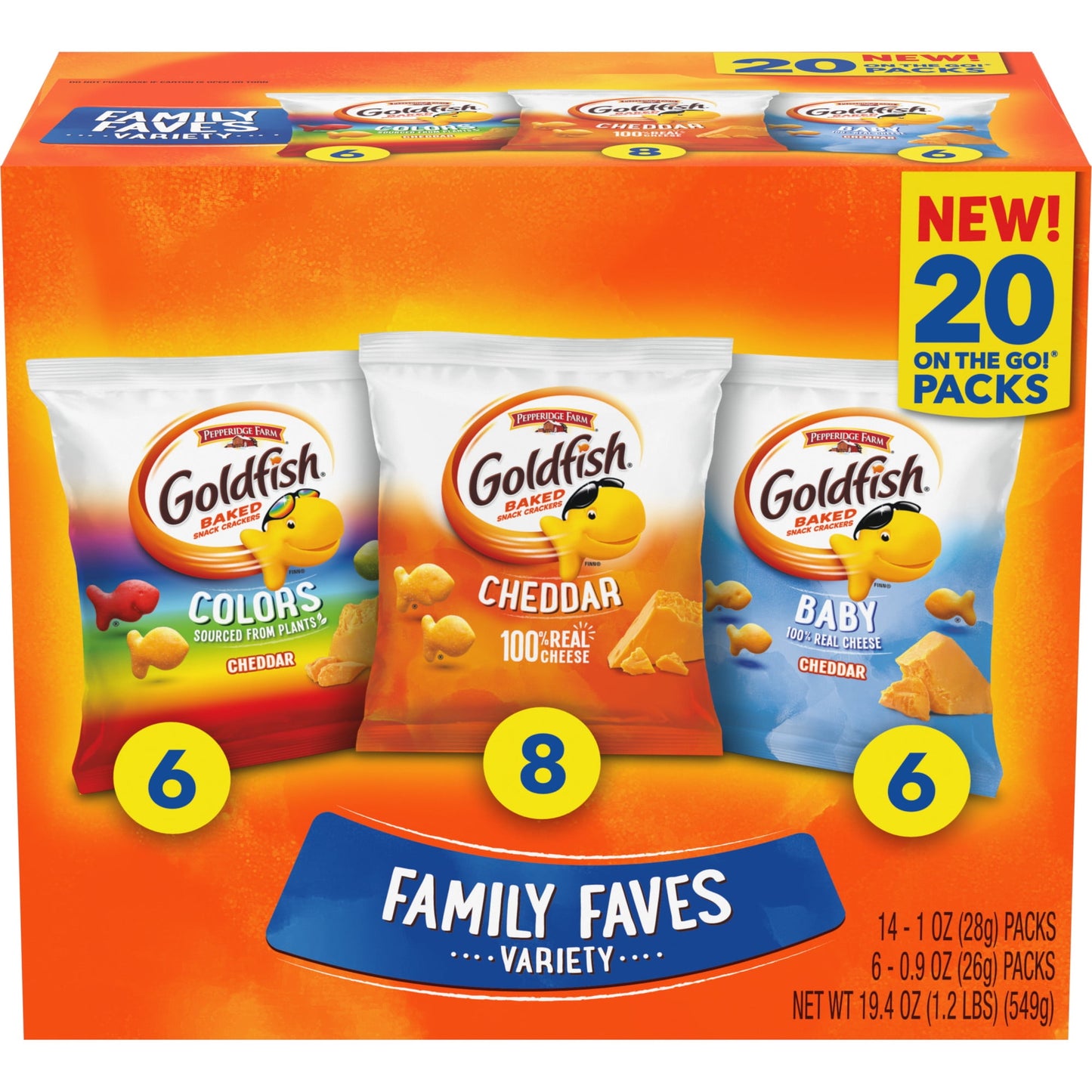 Our Goldfish variety packs with Colors, Cheddar and Baby varieties are full of delicious snack crackers with a crunch that everyone can smile about. They’re always baked with real cheese, and made with no artificial flavors or preservatives. Whether you are looking for an on-the-go snack or just craving something delicious to munch on while streaming your favorite show, they’re a snack that everyone will love. They're also the perfect companion to add a little cheesy, crunchy excitement to your meals. For l