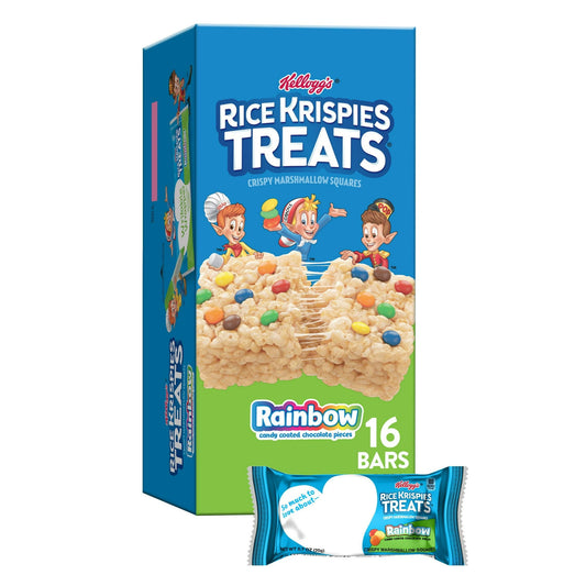 Enjoy the fun of everyday moments with the irresistible taste of Rice Krispies Treats Crispy Marshmallow Snack Bars Rainbow. Create family moments with each and every delectable square that pulls apart to reveal ooey, gooey goodness. Made with crispy rice cereal, sweet candy coated chocolate pieces, and the taste of soft marshmallows, each bar is a delicious, ready-to-eat treat wherever you go; A classically delicious snack, these individually wrapped marshmallow bars are perfect for enjoying together as a 