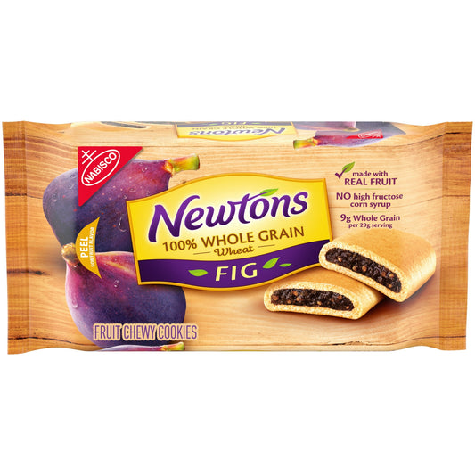 Newtons Soft and Fruit Chewy 100% Whole Grain Wheat Fig Cookies are made with real fruit, have 9 g of whole grains per 29 g serving, no high fructose corn syrup and are certified Kosher. Grab a rectangle fruit bar for a quick breakfast cookie on busy mornings. Keep these classic fig Newtons cookie snacks in your desk for a lunch snack or open a pack of these fruit cookies after dinner and pair fig bars with ice cream for dessert. These chewy 100% whole grain wheat fruit snack cookies make delicious snacks f