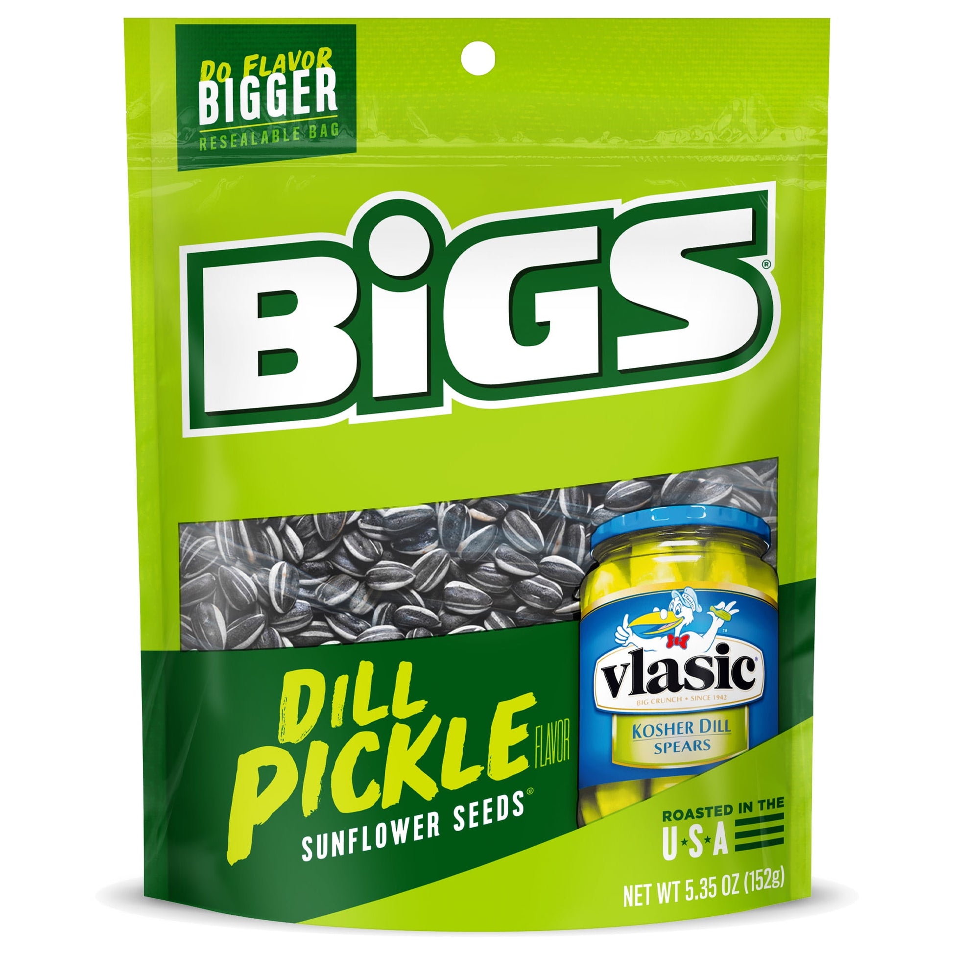 The world's best pickles and the world's best seeds come together to create BIGS Vlasic Dill Pickle Sunflower Seeds. It's all about the crunch and the taste: Try these seeds today for the sour, garlicky, dill taste you love. With no artificial colors or preservatives, this tangy, crunchy treat is sure to satisfy your craving. Its 5.35-ounce resealable big bag makes for easy, convenient snacking. Why go small when you can go BIG?