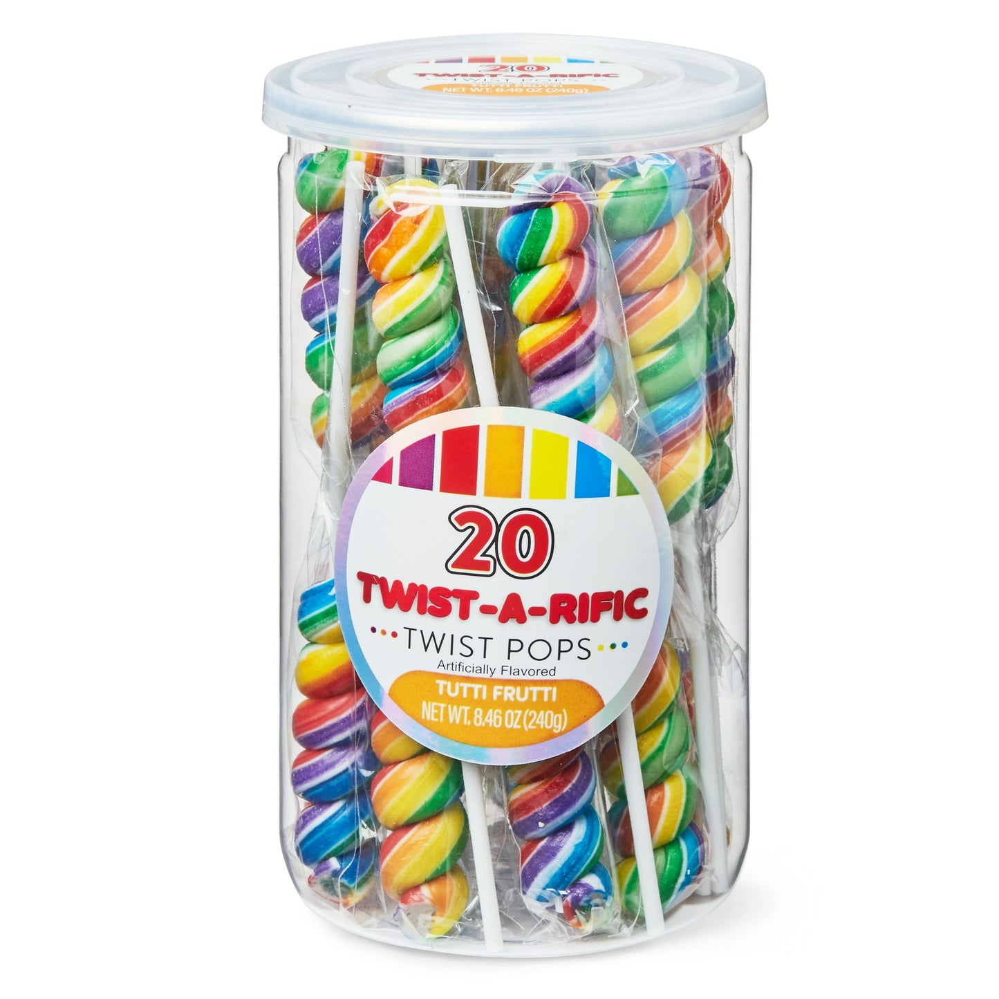 Hilco Twist-A-Rific Tutti Frutti Flavored Rainbow Twist Lollipops, 8.46 oz, 20 Count are a perfect addition to your next birthday party, Galentine's Day soiree, or hostess gift bag or basket. These cute candies have a sweet flavoring that is reminiscent of lazy summer days and bike rides to the five and dime store. The rainbow swirled pop reminds you the classic candy store look and feel from decades past. You can smell the nostalgia! Add these perfect rainbow pops to your next fruit and candy basket for a 