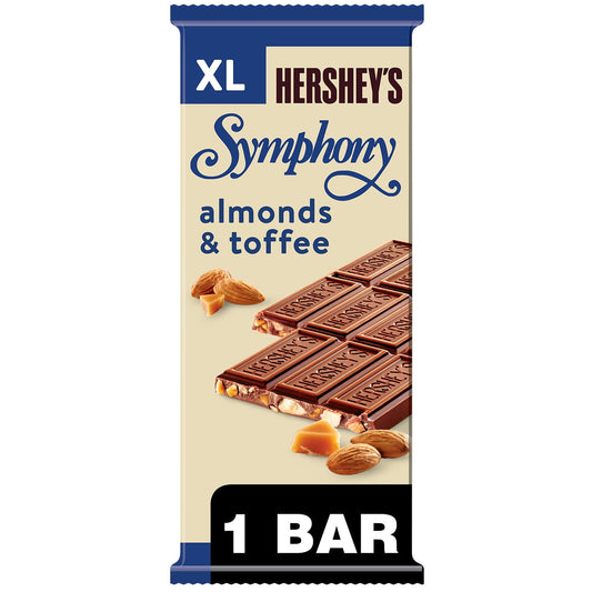 In this HERSHEY'S SYMPHONY XL candy bar, crunchy almonds, rich toffee and smooth, extra creamy milk chocolate create the perfect harmony of flavors that you and the entire family are sure to enjoy. Stock up on extra-large bars, and you'll always have a decadent treat within reach at home, at the office or on the go. HERSHEY'S SYMPHONY milk chocolate with toffee and almonds is a delicious chocolate candy to enjoy on your own or share with friends and family members on any given day.