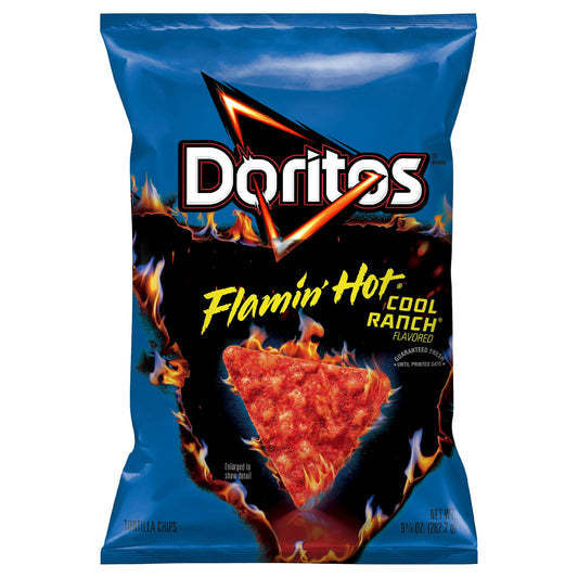 Includes 1 (9.25 oz) bag of Doritos Tortilla Chips, Flamin' Hot Cool Ranch flavor. Introducing new Doritos®️ Flamin’ Hot Cool Ranch®️ Flavored Tortilla Chips, an all-new mash-up that combines the classic Cool Ranch flavor fans love with a spicy, bold crunch. The DORITOS brand is all about boldness. If you're up to the challenge, grab a bag of DORITOS tortilla chips and get ready to make some memories you won't soon forget. It's a bold experience in snacking and beyond. Shelf-Stable and ready to enjoy.