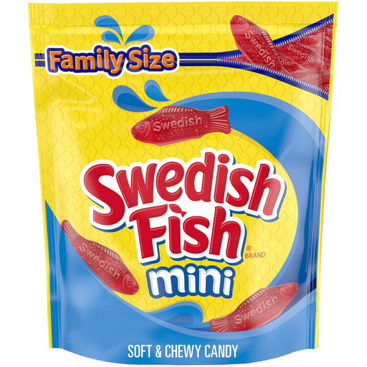 SWEDISH FISH Mini Soft & Chewy Candy offers a fun bite-sized sweet snack to share. The classic flavor of SWEDISH FISH gummy snacks floods your mouth with a delicious fruity taste. This smaller version of the signature red candy fish shape is easy to pop in your mouth. This fruit flavored candy makes a great sweet treat for multiple occasions; keep SWEDISH FISH on-hand for quick snacks or as party favors for holidays or birthdays.