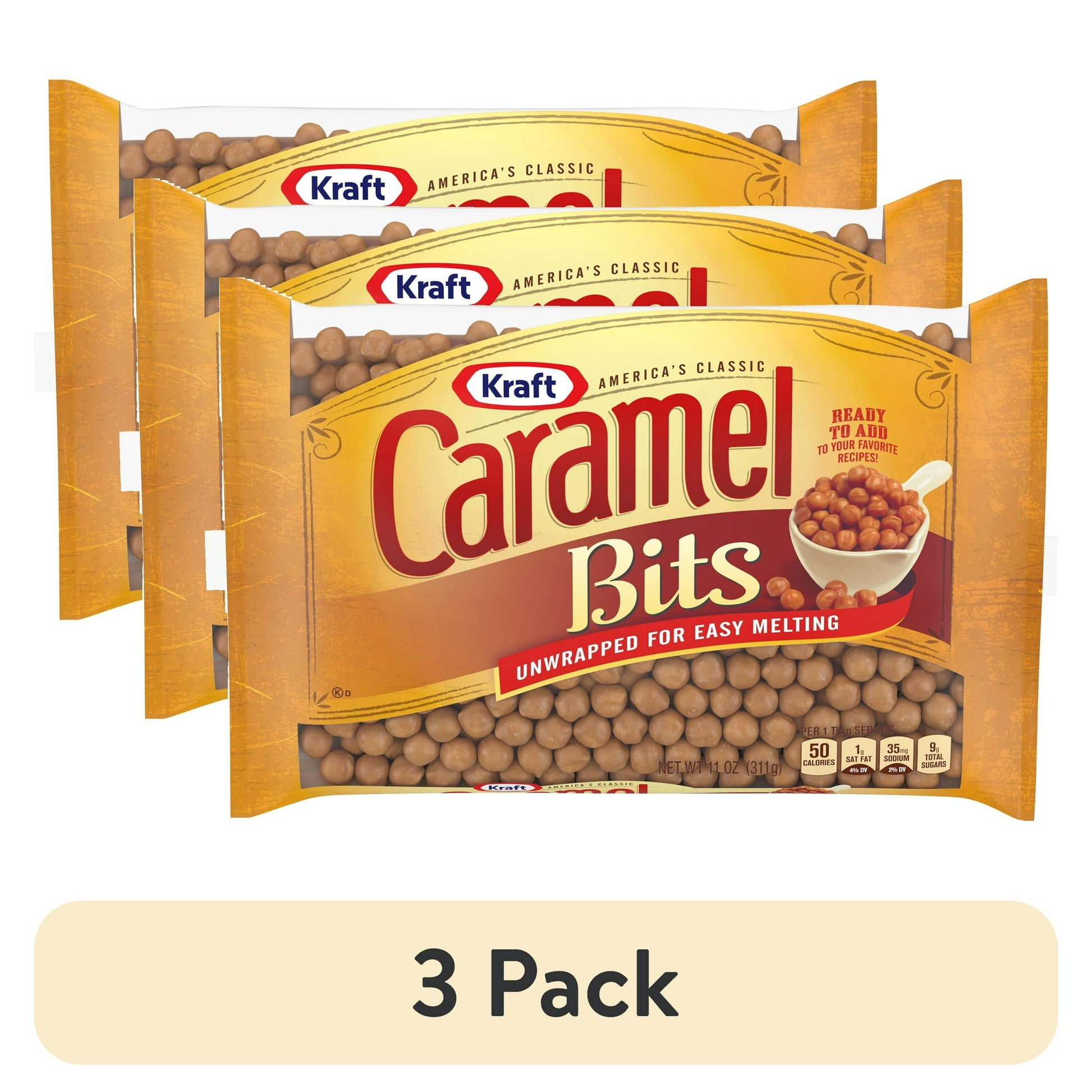 Kraft Baking Caramel Bits are ready to add to your favorite recipes right out of the bag. America's classic caramel bits for baking, these smooth, creamy candies are sure to satisfy your sweet tooth. Butter, sugar, skim milk and other quality ingredients create a classic flavor the whole family loves, and with 50 calories and 1.5 grams of fat per serving, these bits are a guilt-free addition to your homemade sweets. The unwrapped morsels are easy to melt and mix into your favorite recipes. Try them in caram