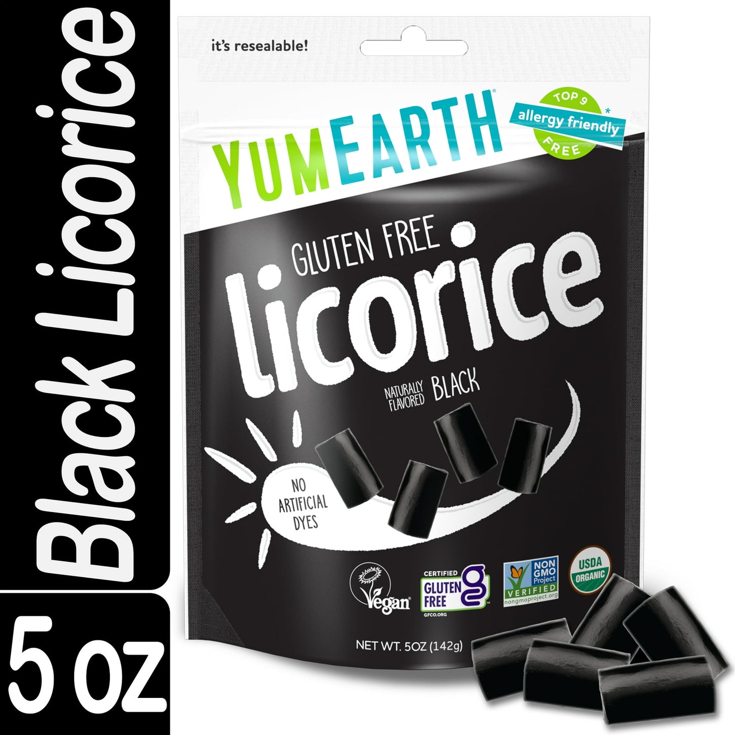 Indulge in the delicious taste of YumEarth organic & gluten-free Black Licorice. This contemporary twist on a timeless treat is sure to satisfy your sweet tooth. These tasty bite-sized candies are free from the top 9 allergens and artificial dyes making them perfect for a classroom treat, lunchbox goodie, afternoon munchie, snack on-the-go, evening treat, and Halloween Candy. YumEarth Black Licorice is USDA Organic, Non-GMO, Vegan and comes in a convenient 5 oz. resealable bag. YumEarth was created by famil