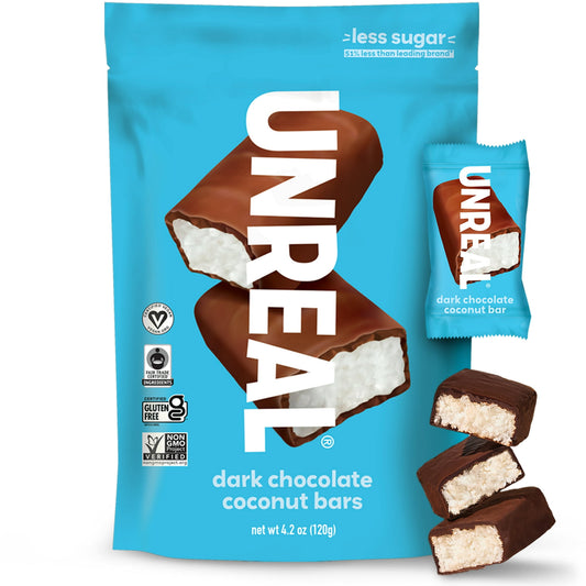 Satisfy your sweet tooth with Unreal Dark Chocolate Coconut Bars! Each bite is packed with creamy coconut coated in rich dark chocolate. Made with non-GMO ingredients, no artificial flavors, and totally gluten-free, these bars bring you indulgence without the guilt. Perfect for a quick snack, a lunchbox treats, or dessert. Real ingredients, unreal taste—grab a pack today and taste the difference! (4.2oz, 120g).