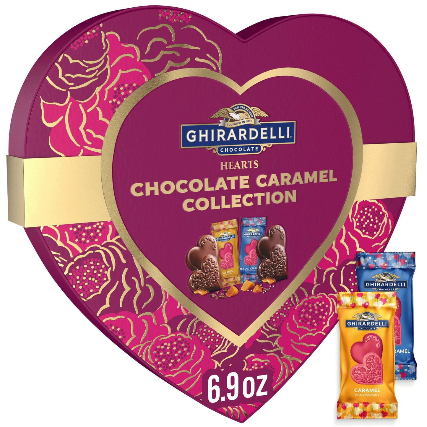 Celebrate the season of love with GHIRARDELLI Chocolate Caramel Hearts Collection. This heart shaped box of individually wrapped chocolate caramel candy hearts is the perfect gift for loved ones or that special someone. GHIRARDELLI chocolate caramel hearts come in milk chocolate and dark chocolate varieties with luscious caramel filling for an indulgent Valentine's Day treat. The festive heart-shaped chocolate is the perfect way to celebrate the season of love, and the heart-shaped box of chocolate makes a 