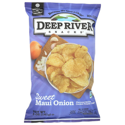 DEEP RIVER SNACKS SWEET MAUI ONION KETTLE CHIPS ARE MADE WITH REAL INGREDIENTS LIKE POTATOES, SUNFLOWER OIL, SUGAR, SALT AND GARLIC POWDER FOR WHOLESOME, SATISFYING FLAVOR. EACH 5 OZ. BAG CONTAINS AROUND 5 SERVINGS OF OUR CRUNCHY KETTLE CHIPS. OUR CHIPS CONTAIN NO ARTIFICIAL COLORS, FLAVORS OR PRESERVATIVES.