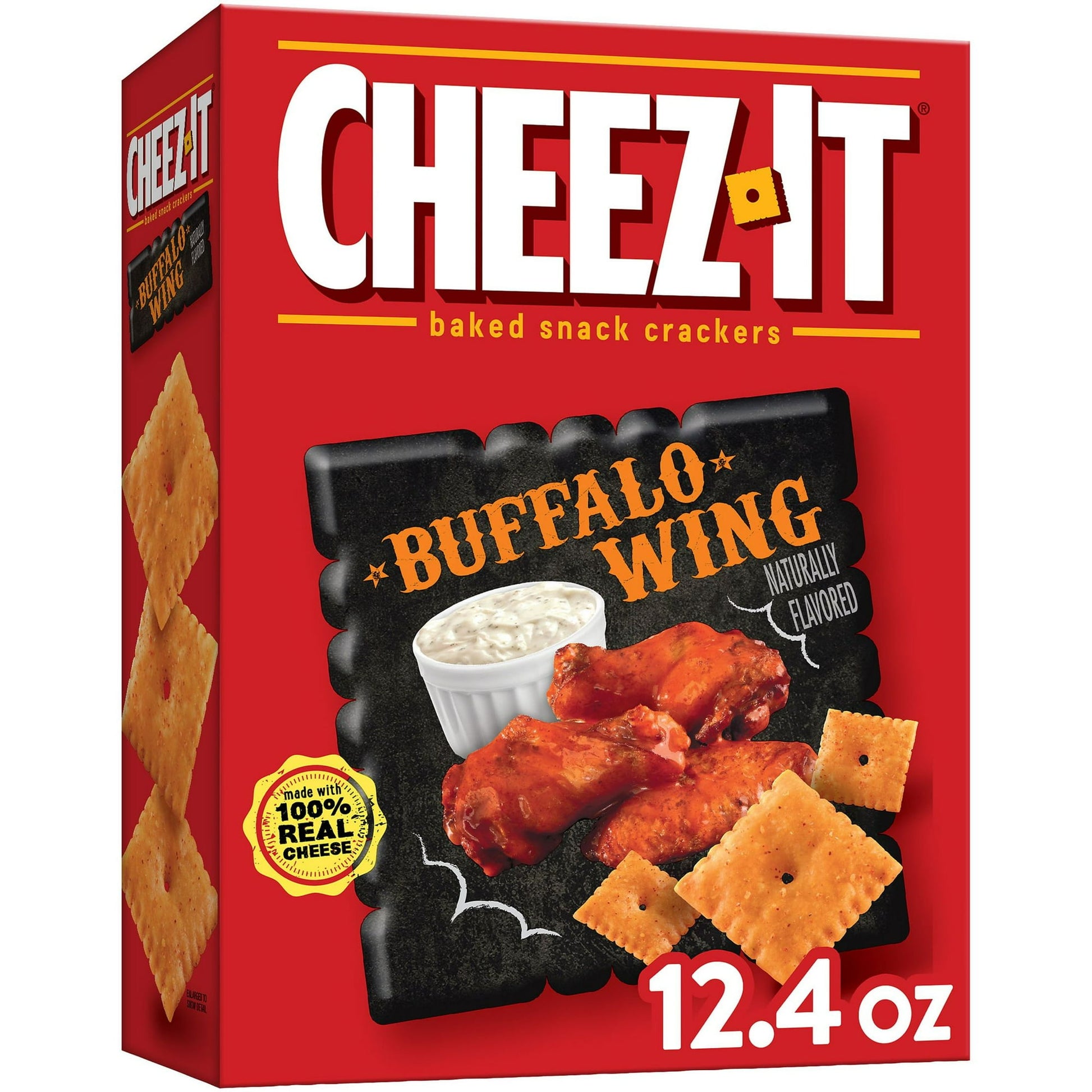 Make snack time more fun with Cheez-It baked snack crackers, featuring the deliciously craveable flavor of buffalo wing. Cheez-It baked snack crackers are made with 100% real cheese that's been carefully aged for a one-of-a-kind taste in every crunchy bite. A delectable baked snack, Cheez-It crackers are perfect for game time, party spreads, school lunches, late-night snacking and more - the irresistible cheese options are endless. You'll love the bold flavor of real cheese in every perfectly toasted handfu