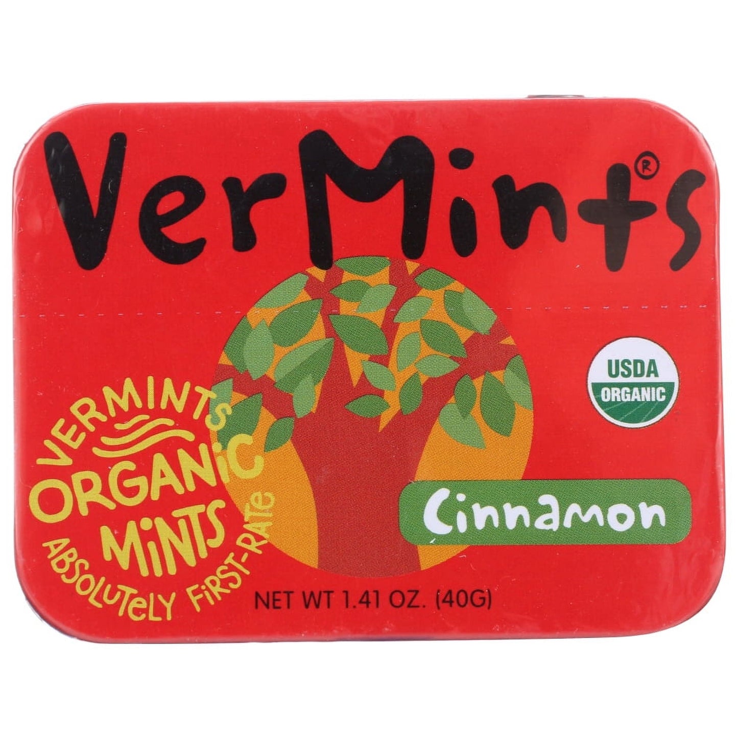 VERMINTS CINNAMON BREATH MINTS ARE A 100% USDA-CERTIFIED ORGANIC PRODUCT. THIS 1.41 OZ. TIN OF VEGAN MINTS IS ALSO CERTIFIED NON-GMO, AND THEY ARE A GLUTEN-FREE, DELICIOUS WAY TO FRESHEN YOUR BREATH. WITH ONLY 2 G. OF SUGAR PER SERVING, THEY ARE ALSO KOSHER AND NUT-FREE. SEE NUTRITION FACTS PANEL FOR ALLERGENS.