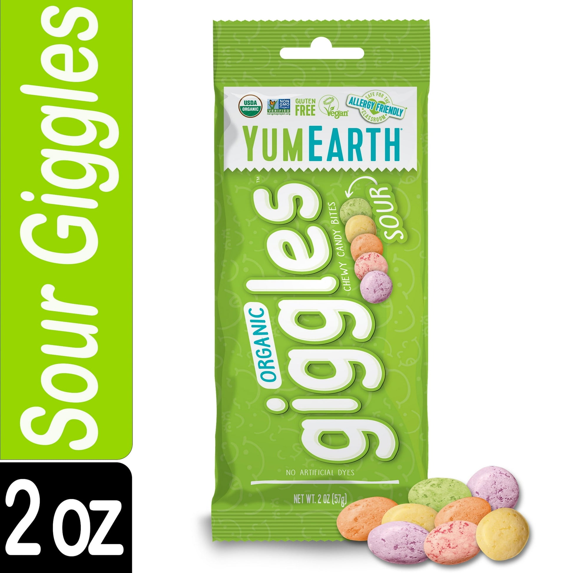 Pucker up with YumEarth Organic Sour Giggles! Enjoy these delicious allergy-friendly sour chewy candy bites in 5 fruity flavors: Sour Grape, Sour Strawberry, Sour Lemon, Sour Orange and Green Apple! Free from the top 9 allergens and containing no artificial dyes, these treats are perfect for a classroom treat, lunchbox goodie, afternoon munchie, snack on-the-go, evening treat, and Halloween Candy. YumEarth Sour Giggles are USDA organic, non-gmo, gluten free, vegan and come in a convenient 2oz on-the-go size