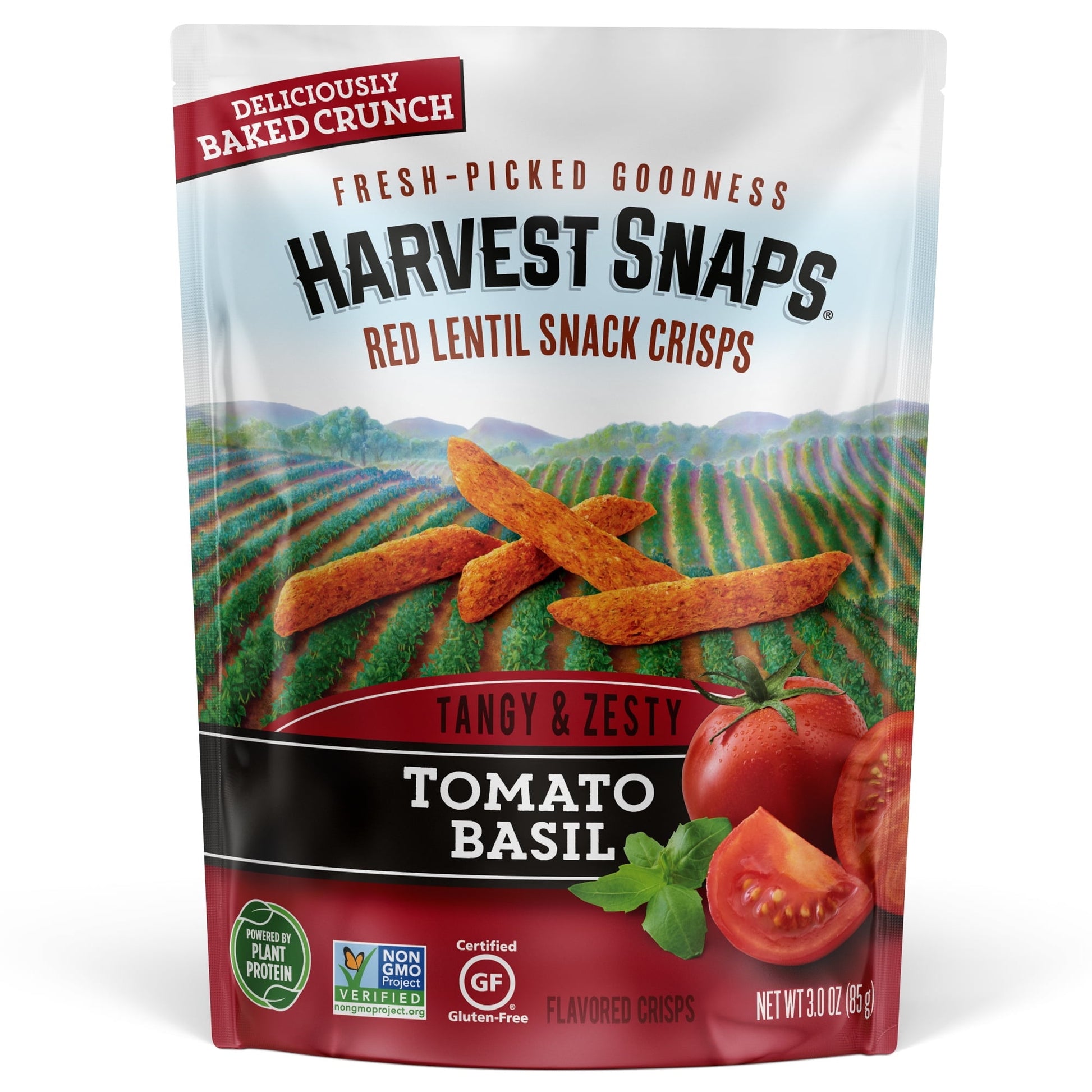 CALBEE LENTIL BEAN CRISPS, TOMATO BASIL ARE FLAVORED, BAKED LENTIL BEANS THAT COME IN A 3.3 OZ. BAG. FREE OF GLUTEN, CHOLESTEROL AND TRANS FATS, TOMATO BASIL LENTIL BEAN CRISPS ARE LOW IN SUGAR (1 GRAM PER SERVING) AND LOW IN SATURATED FATS (0.5 GRAMS PER SERVING). A SINGLE 1 OUNCE SERVING OF TOMATO BASIL LENTIL BEAN CRISPS CONTAINS ONLY 120 CALORIES AND DELIVERS 10% OF THE DAILY RECOMMENDED AMOUNT OF FIBER. CALBEE TOMATO BASIL LENTIL BEAN CRISPS ALSO PROVIDE SIGNIFICANT AMOUNTS OF IRON, POTASSIUM, PROTEIN 