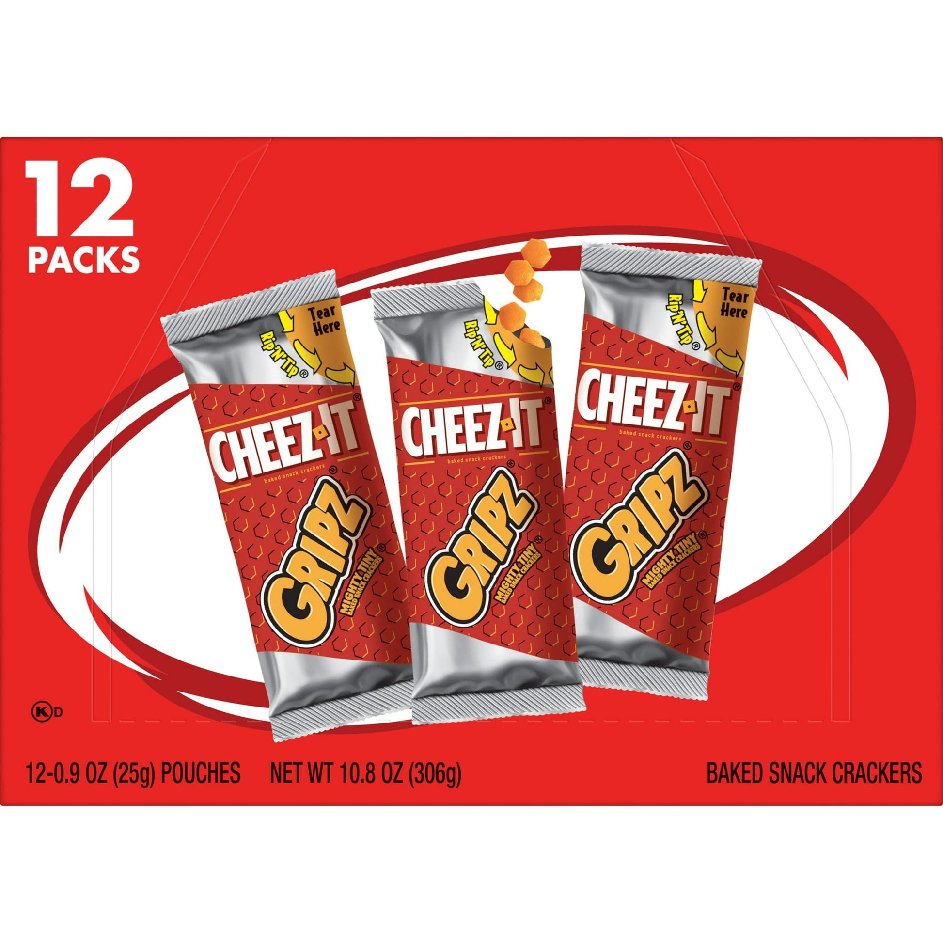 Make on-the-go snacking more fun with Cheez-It Gripz Tiny Baked Snack Crackers. Includes one, 10.8oz box containing 12, 0.9oz Cheez-It Gripz Tiny Baked Snack Crackers pouches. Store this caddy of individually portioned pouches in your pantry for an easy snack to grab on the go. Cheez-It Gripz are the real deal. Each cracker is made with 100% real cheese that's been carefully aged for an irresistible taste. Every perfect square is loaded with bold, cheesy flavor; it hits your taste buds with every delicious 