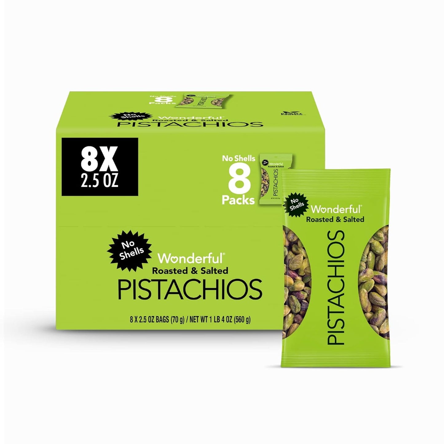 Wonderful Pistachios No Shells, Roasted and Salted Nuts, 2.5 Ounce Bag (Pack of 8), Protein Snack, Gluten Free, On-the Go, Individually Wrapped Healthy Snack