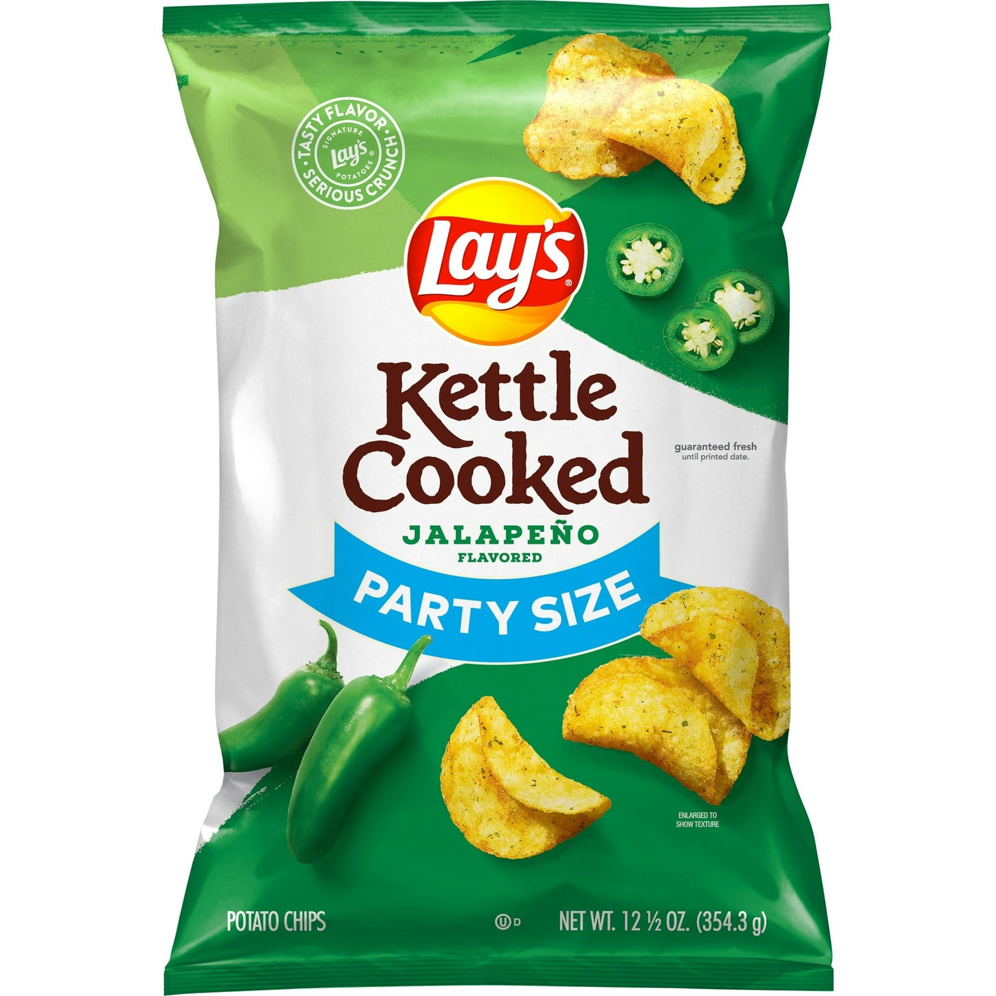 Lays Kettle Cooked Potato Chips Jalapeno Flavored, Lay's Signature Potatoes® Tasty Flavor Serious Crunch Wherever celebrations and good times happen, the Lay's brand will be there just as it has been for more than 75 years. With flavors almost as rich as our history, we have a potato chip or crisp flavor guaranteed to bring a smile on your face. Grab a bag of Frito-Lay Brands iconic Potato Chips, for when your next craving hits or wherever your next adventure takes you! These packs are Shelf-Stable for easy