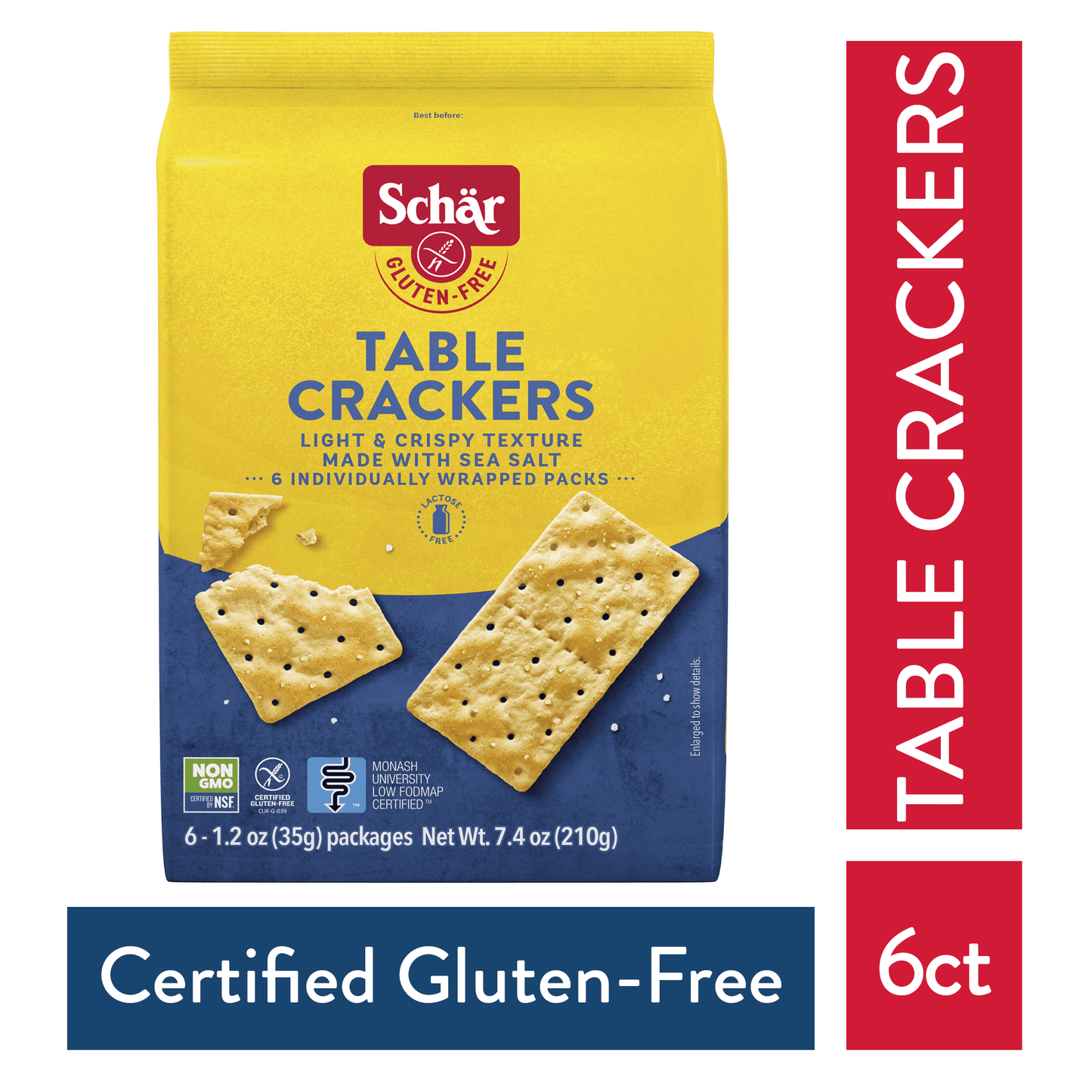 Schar Gluten-Free Table Crackers are saltine-like, light, crispy, and easy to digest! Lighty and crispy, yet full of flavor. It's hard to believe Schar Table Crackers are Certified Gluten-Free. These gluten-free crackers are the perfect base for all sorts of savory spreads, the perfect accompaniment to soup, or the perfect snack on their own. Seasoned with natural rosemary and sea salt, Schar Gluten-Free Table Crackers are a snacker's dream come true. Our recipe is Monash certified and free of gluten, wheat