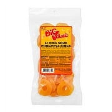 Enjoy BV Li Hing Sour Pineapple Rings come in large 12oz resealable packages. Pineapple flavored gummy rings dusted with a plum coating. This unique candy combination will make your mouth water with its amazing taste. A local favorite candy!