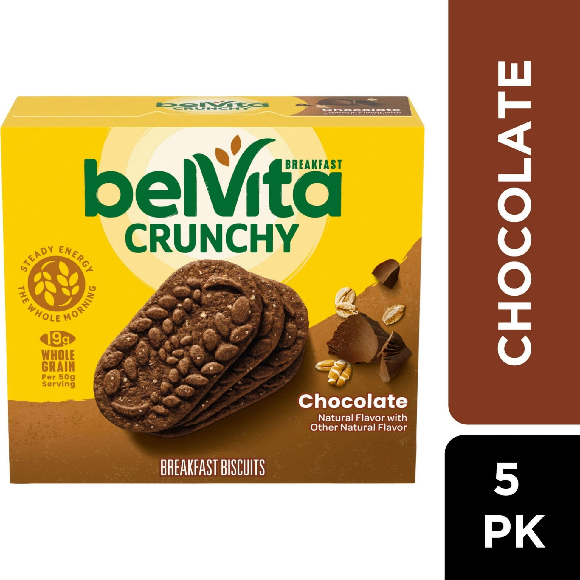 belVita Chocolate Breakfast Biscuits combine wholesome grains with rich cocoa flavor, making them the perfect breakfast snacks for chocolate lovers. Specially baked, these baked cookie biscuits contain slow-release carbs that break down gradually in the body to deliver delicious, steady energy all morning long. Each 50 gram serving of these bulk breakfast cookies contains 19 grams of whole grain, 4 grams of fiber and B vitamins for a delicious alternative to breakfast bars and breakfast snacks. Cholesterol-