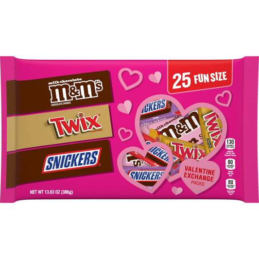 Looking for a sweet way to personalize your love this Valentine’s Day? The SNICKERS, TWIX, and M&M'S Valentine's Day Variety Candy Bag is a delicious way to say 'I love you' to those who matter most. Each bag is filled with milk chocolate classics, featuring fun size SNICKERS Candy Bars, fun size TWIX Caramel Cookie Chocolate Bars, and M&M'S Milk Chocolate Candy packs. Not only is it great for Valentine’s Day party favors or filling your heart-shaped candy bowls at the office, but you can also use this vari