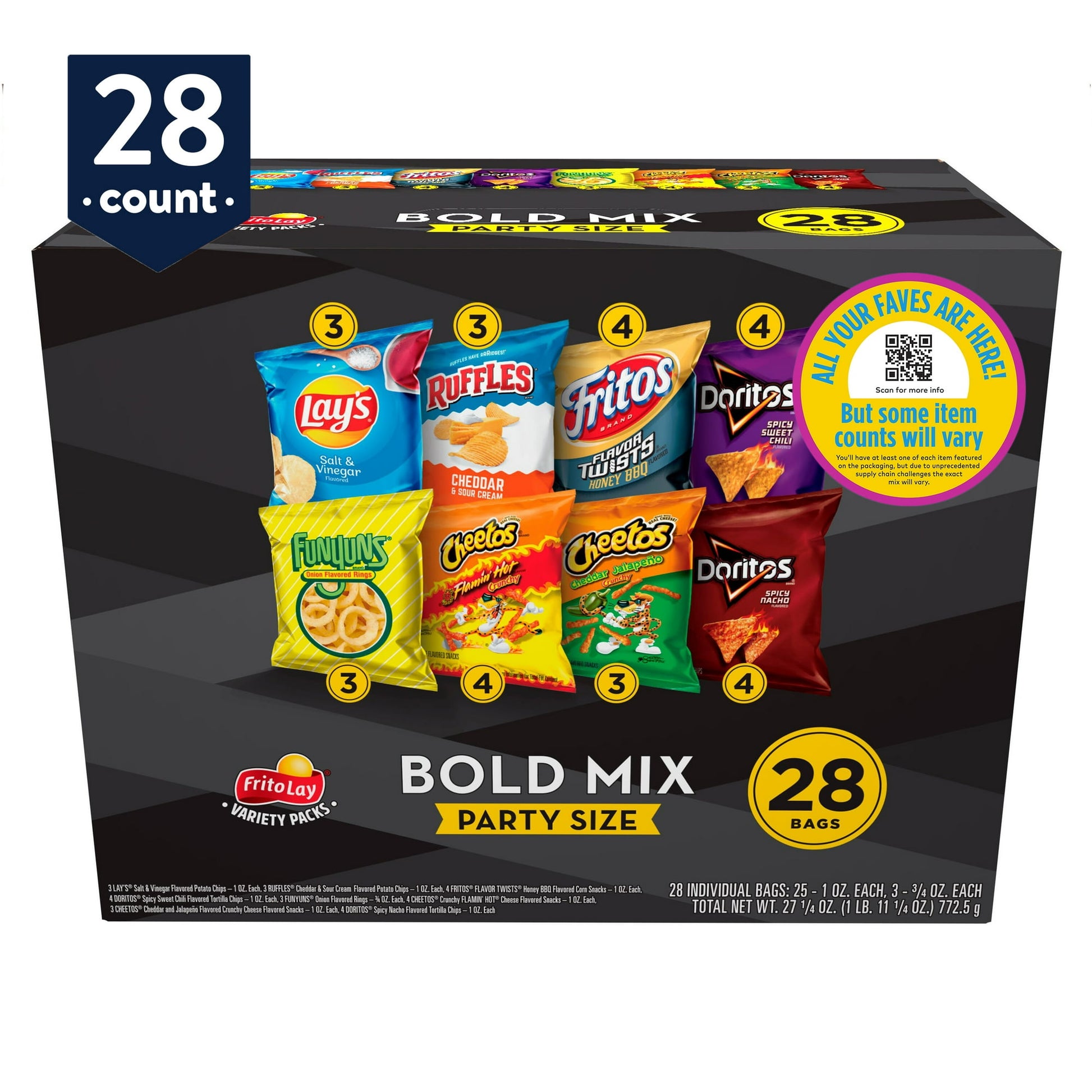 With Frito-Lay Variety Packs, you’re ready for snack time any time! Convenient, compact and complete with everyone’s favorite brands, Variety Packs are easy to bring along on all your family adventures. If you're celebrating a big win on the soccer field, taking a family road trip, or thinking about an afternoon snack, Frito-Lay Variety Packs have everyone covered. So, whether your family’s next adventure is at home or on the go, pack the snack that’s got your back!