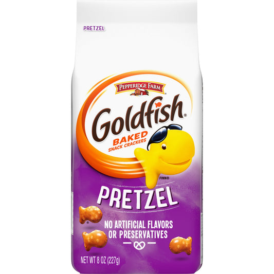 Enjoy snack-time goodness with crunchable, munchable Goldfish Pretzel snack crackers! They are playful enough to keep the kids happy, and crunchy enough to satisfy the grown-ups every bit as much. They’re always baked and made with no artificial flavors or preservatives, so you can always feel good about enjoying them on your own or snacking with family and friends. Pass the bag around during movie night or game time. Get creative during any other time - for instance, mealtime. Go ahead and add them to soup