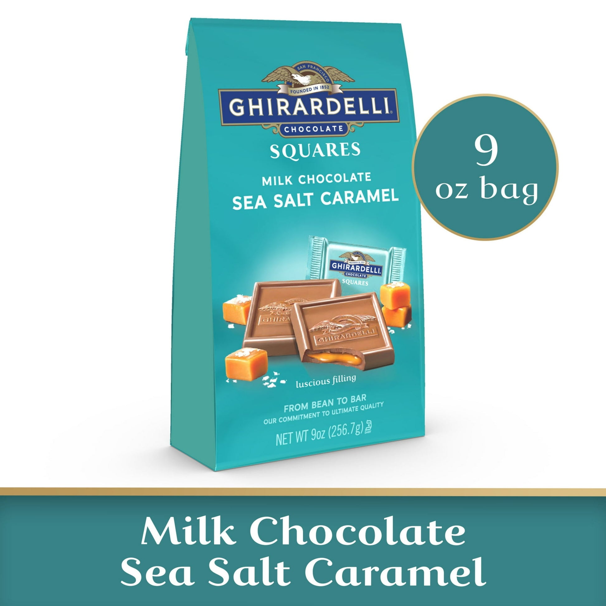 GHIRARDELLI Milk Chocolate Sea Salt Caramel Chocolate squares feature luscious caramel filling surrounded by rich, smooth milk chocolate for the ultimate treat. This 9-ounce bag of individually wrapped candy squares is perfect for gifting, entertaining and personal enjoyment. Filled with luscious caramel with a touch of sea salt, these rich and indulgent milk chocolate GHIRARDELLI SQUARES are the perfect treat for any time of day. GHIRARDELLI chocolate caramel squares are individually wrapped, making them i