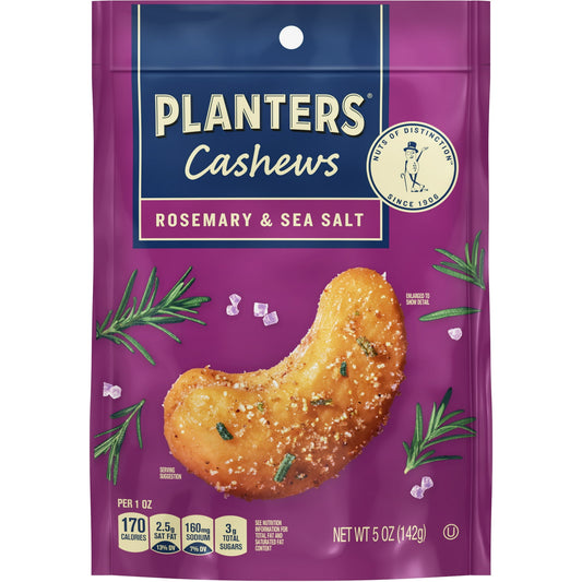 Enjoy the whole snack and nothing but the snack with PLANTERS Cashews Rosemary & Sea Salt. After more than a century of roasting, tweaking, and perfecting salty snacks, the makers of PLANTERS nuts know a thing or two about satisfying your cravings. These impressively creamy cashews are roasted to crunchy precision in peanut oil then flavored with a savory sea salt and rosemary. A classic guest at cocktail parties, family game nights, and holiday get-togethers, these flavored cashews are also delicious as sn