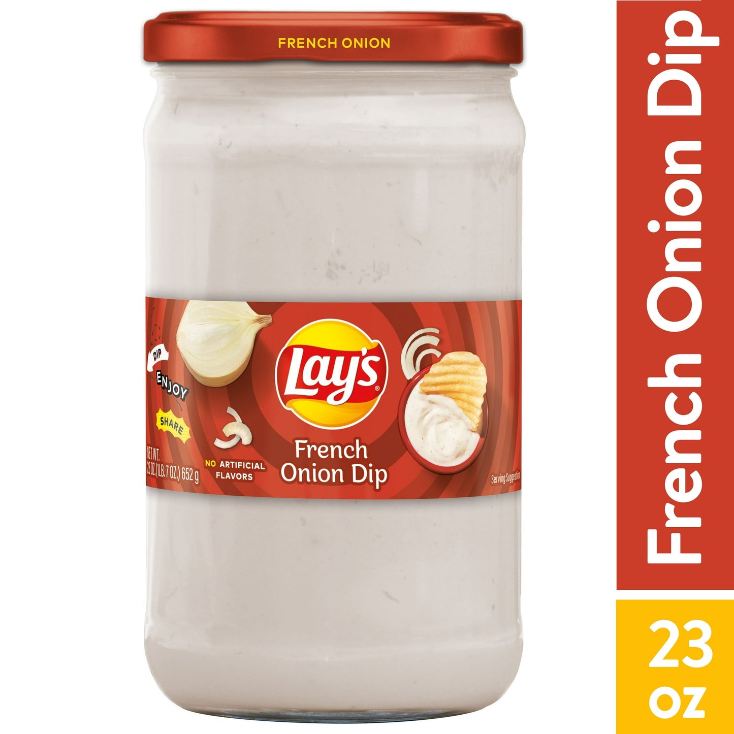 Includes 1 (23 oz) glass jar of Lay's French Onion Dip. Deliciously classic french onion flavor to pair with your favorite LAY'S potato chip! Wherever celebrations and good times happen, the Lay's brand will be there just as it has been for more than 75 years. With flavors almost as rich as our history, we have a potato chip or crisp flavor guaranteed to bring a smile on your face.