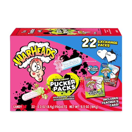 The WARHEADS 22-count Valentine's Day Classroom Exchange Sour Dippin' Pucker Packs box is the favorite sour dextrose lick and dip treat. It even includes a teacher's card! Each packet includes a delicious candy stick to lick and dip into the fruity sour powder. When the powder is gone, enjoy the rest of the stick! These packets feature a To/From area on the front, making them perfect for addressing to your classmates and Valentines. Allergen Statement: Manufactured on equipment that processes milk, soy, whe