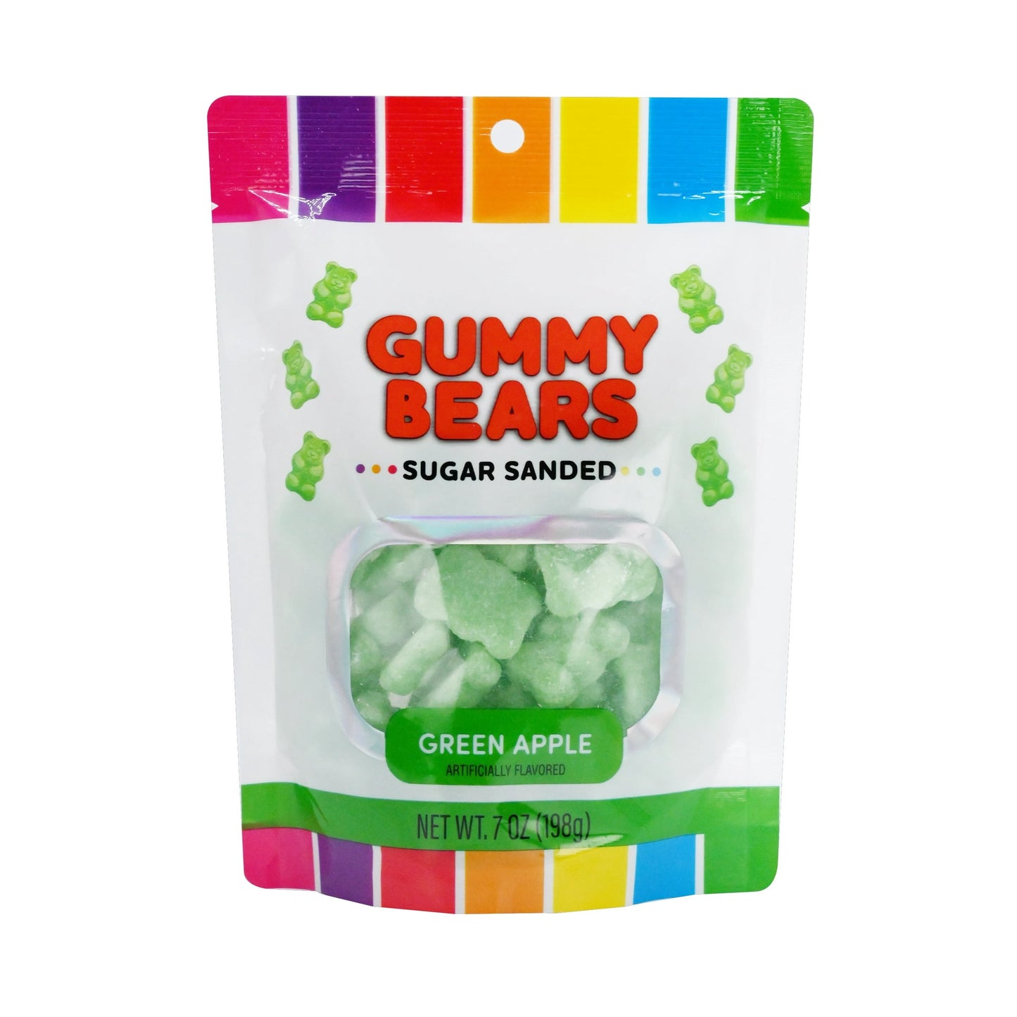 Experience the crisp and tangy delight of Hilco Green Apple Sugar Sanded Gummy Bears. This 7 oz pack offers a mouthwatering fusion of vibrant green apple flavor and a tantalizing sugar sanded coating. Each gummy bear delivers a burst of fruity goodness with a satisfyingly chewy texture. The bright green color adds a pop of visual appeal to these delectable treats. Perfect for snacking, sharing, or satisfying your sweet tooth, these green apple sugar sanded gummy bears are a must-have for gummy candy enthusi